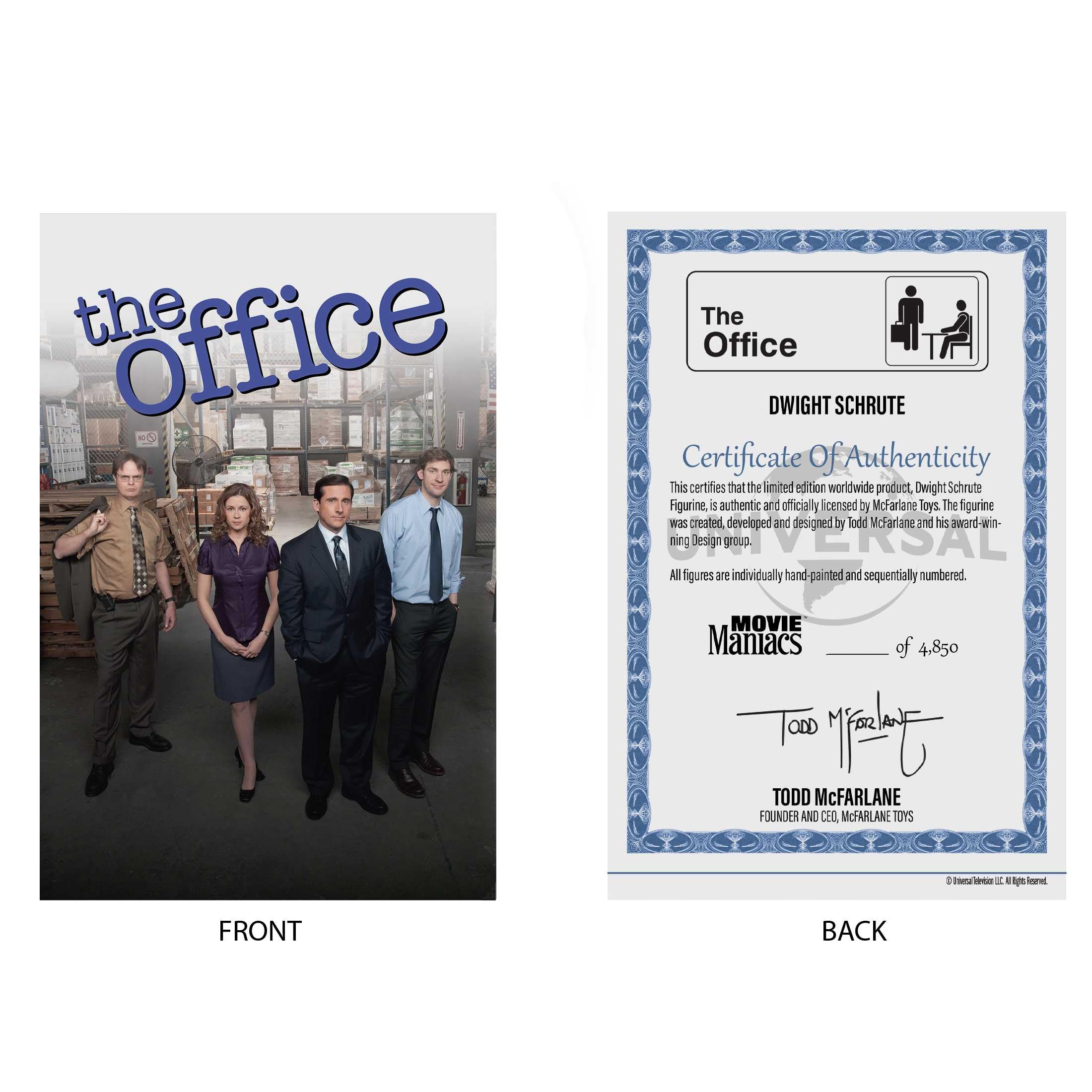 McFarlane Toys Dwight Schrute 6-inch scale figure fits standard shelves for dioramas.