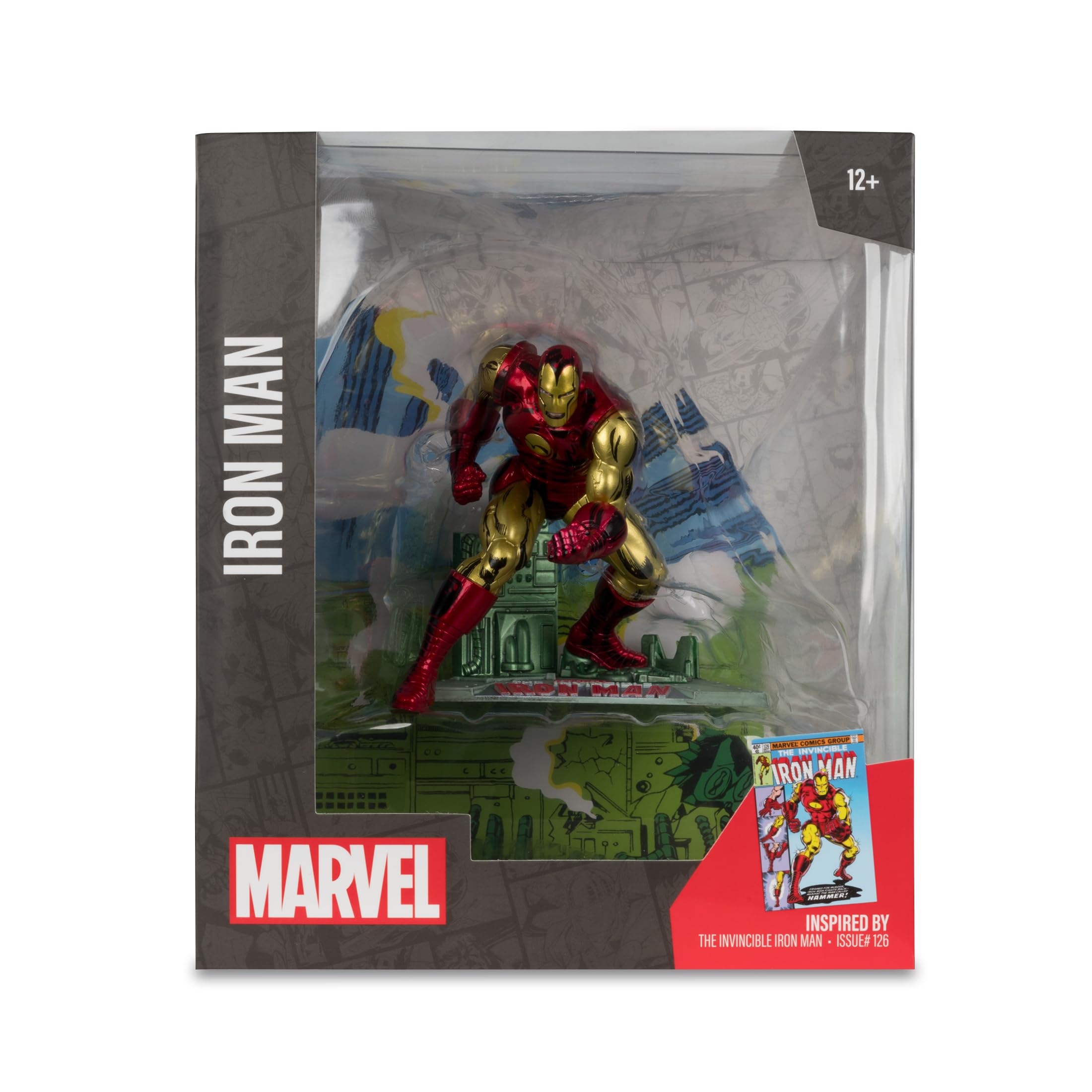 McFarlane Toys Invincible Iron Man scene enhances shelf aesthetics.