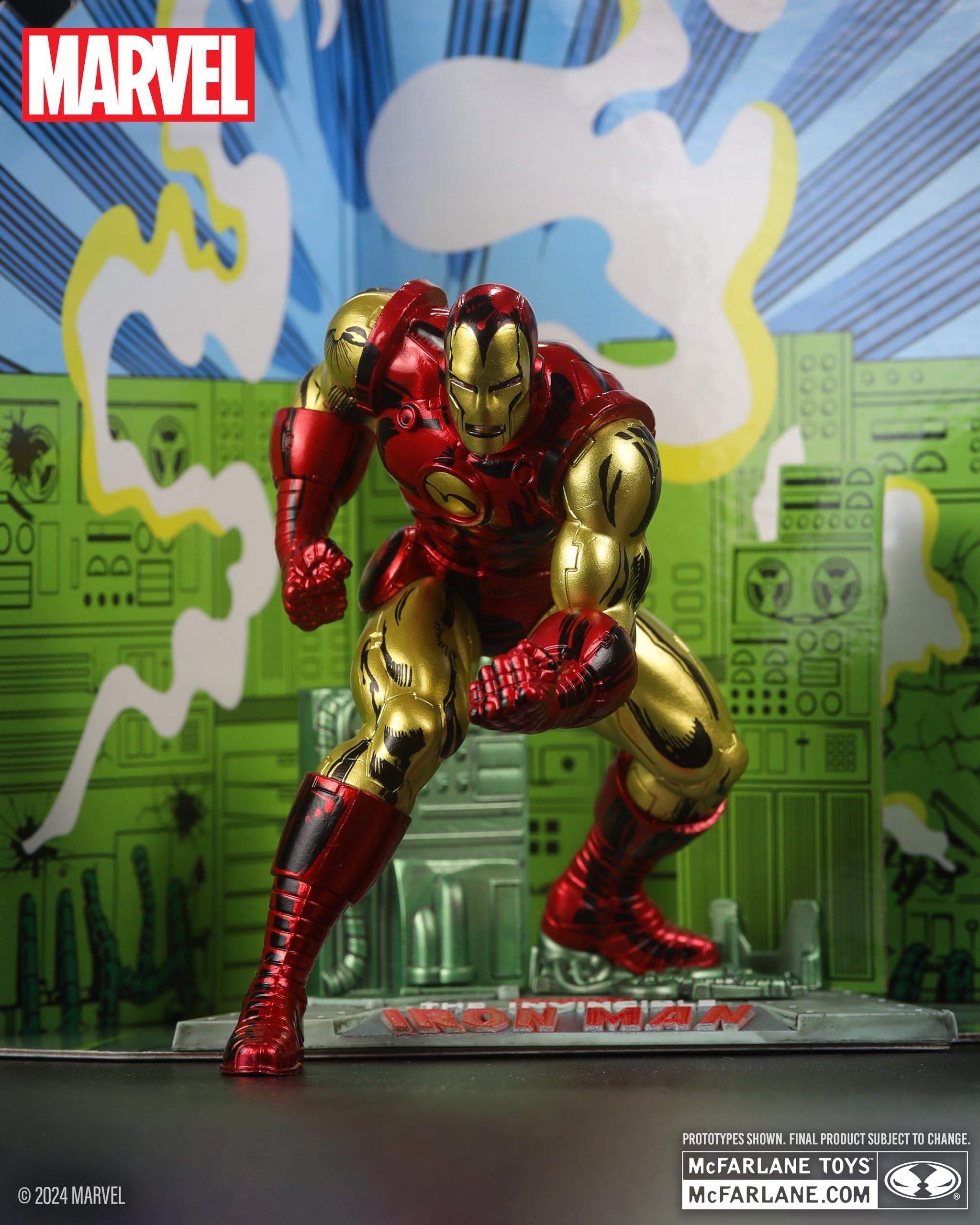 McFarlane Toys Iron Man environment base backdrop enhances dramatic shelf presentation.