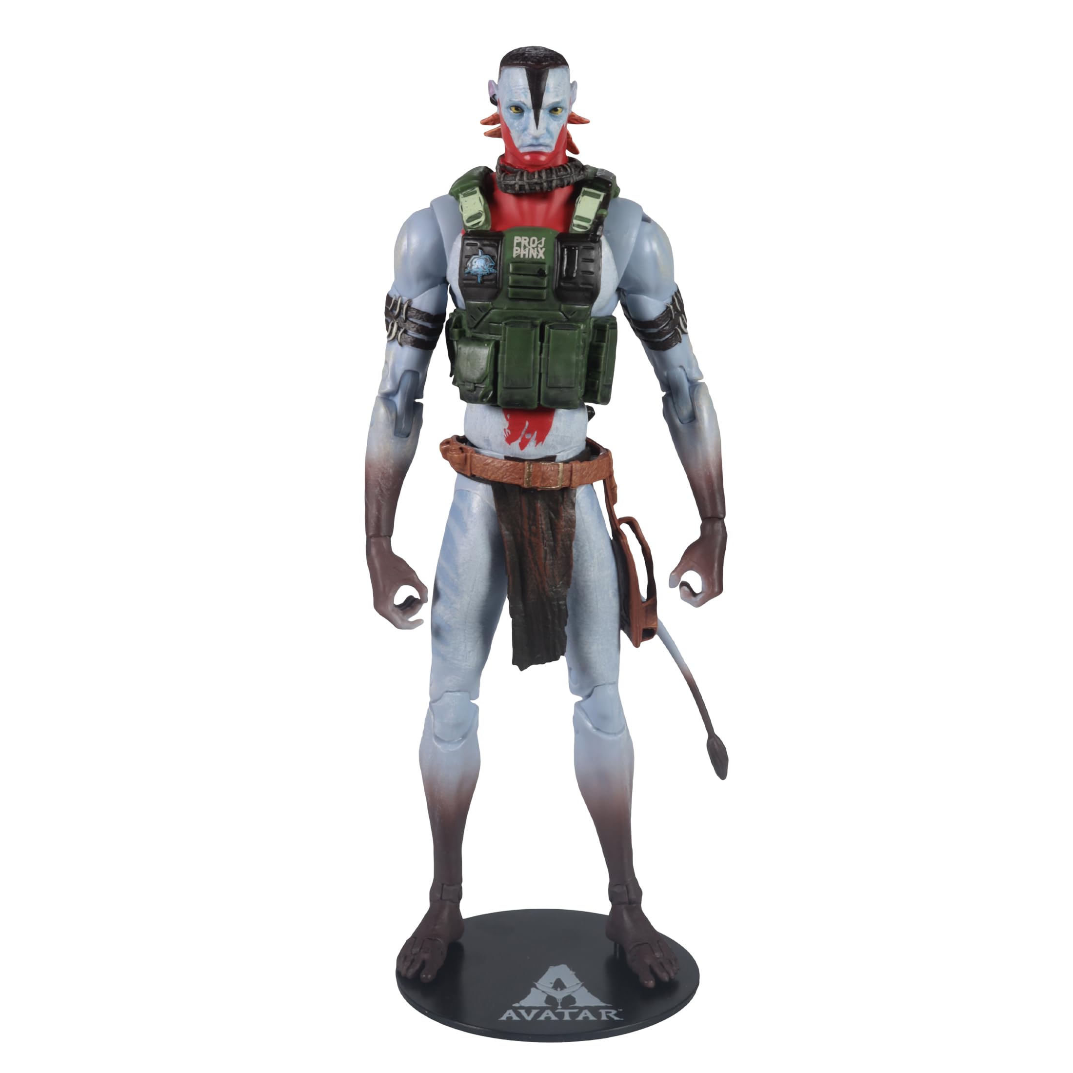 McFarlane Avatar Fire and Ash Quaritch paint deco highlights armor textures and facial details.