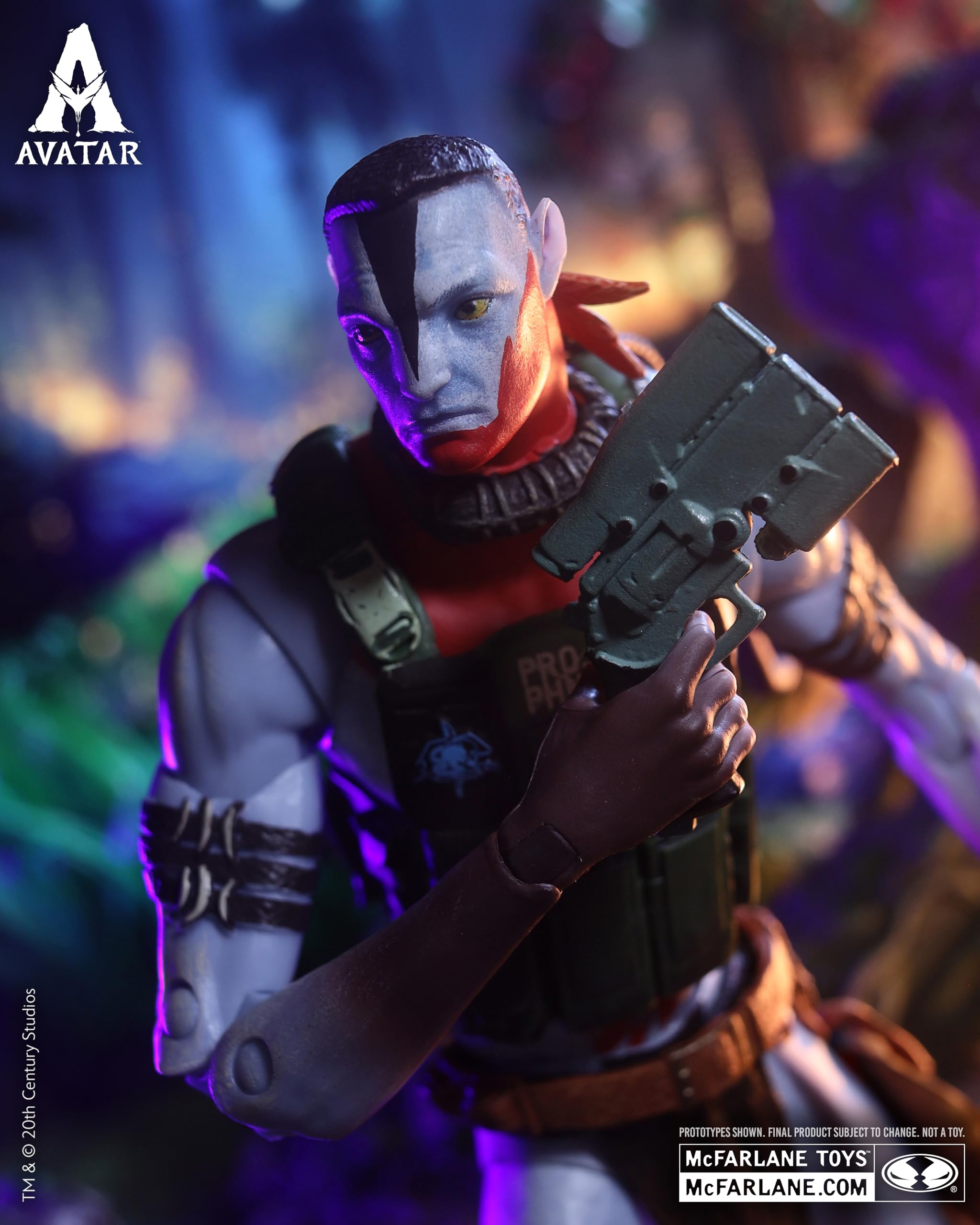McFarlane Avatar Fire and Ash Quaritch 7-inch scale fits standard shelves.
