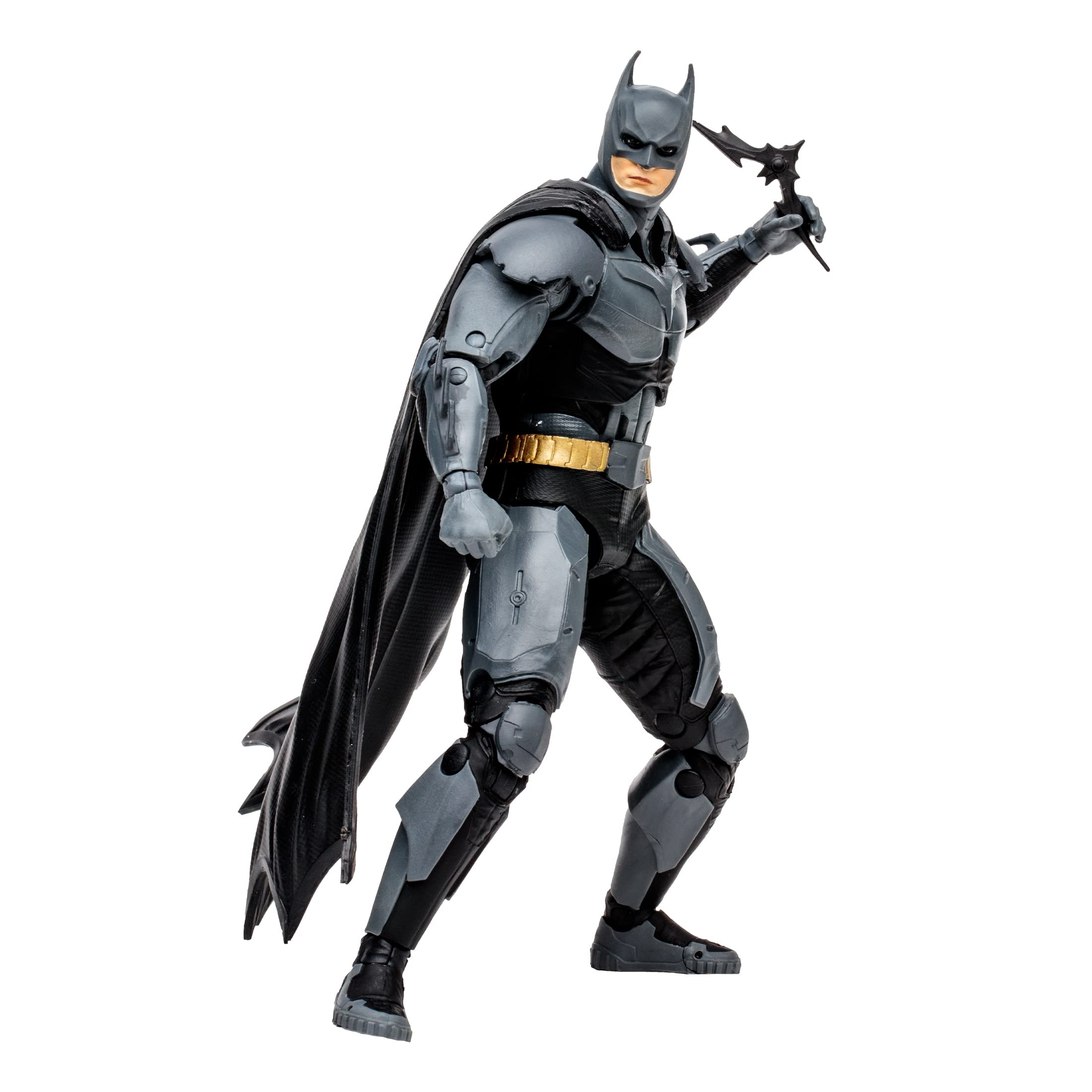 McFarlane Toys Batman with two batarangs for dynamic action scenes.