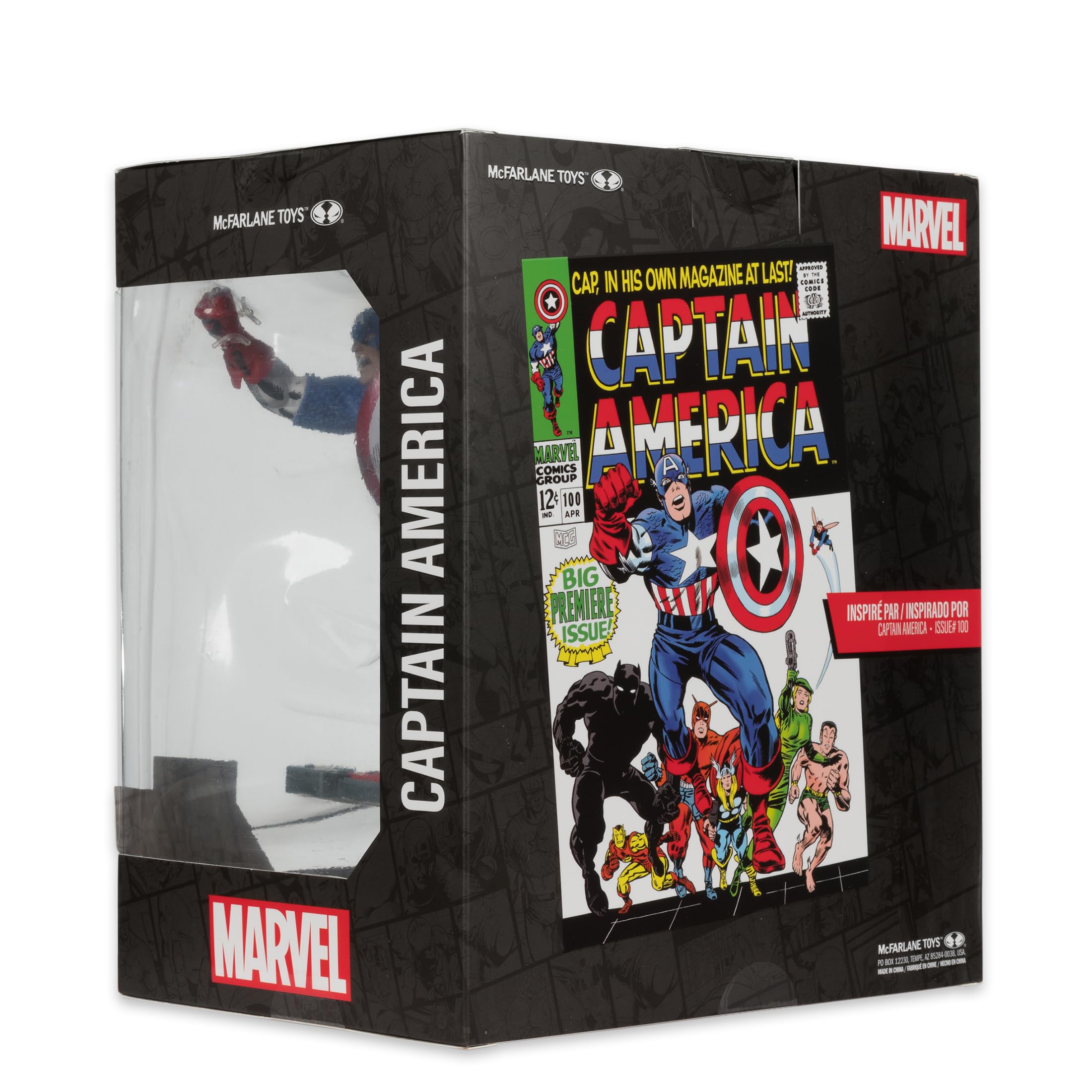 Issue 100-inspired Captain America design cues enhance authenticity.