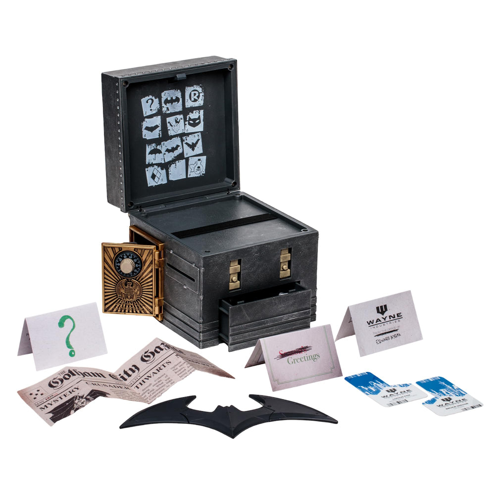 McFarlane Toys The Riddler Puzzle Box batarang display and puzzle-solving centerpiece.