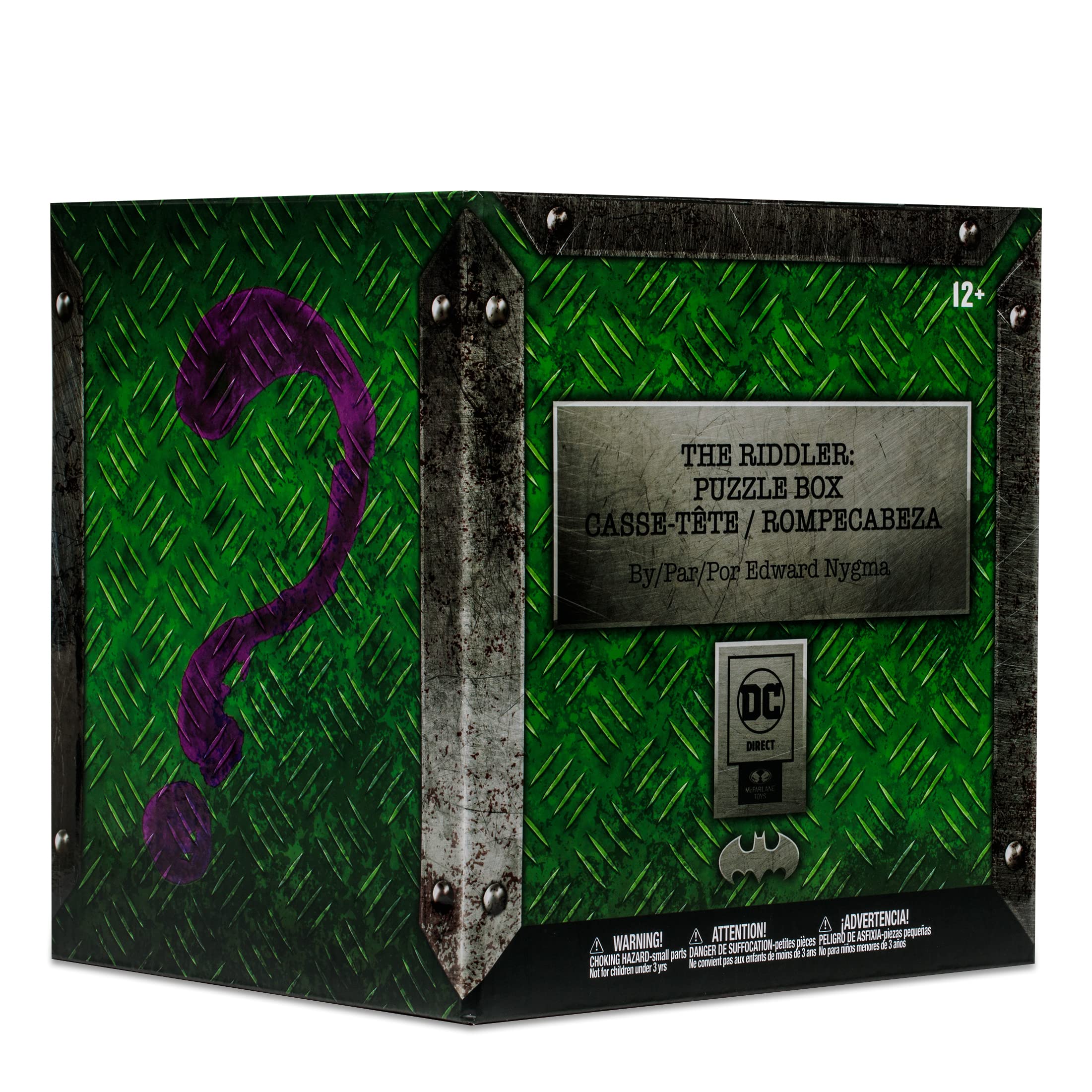 McFarlane Toys Riddler Puzzle Box metal-batarang close-up emphasizing authentic scale.