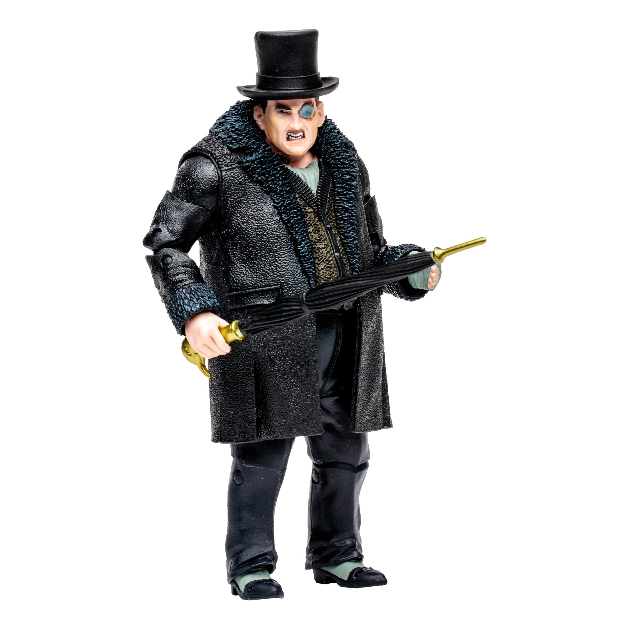 McFarlane The Penguin coat details boost Arkham City authenticity on display.