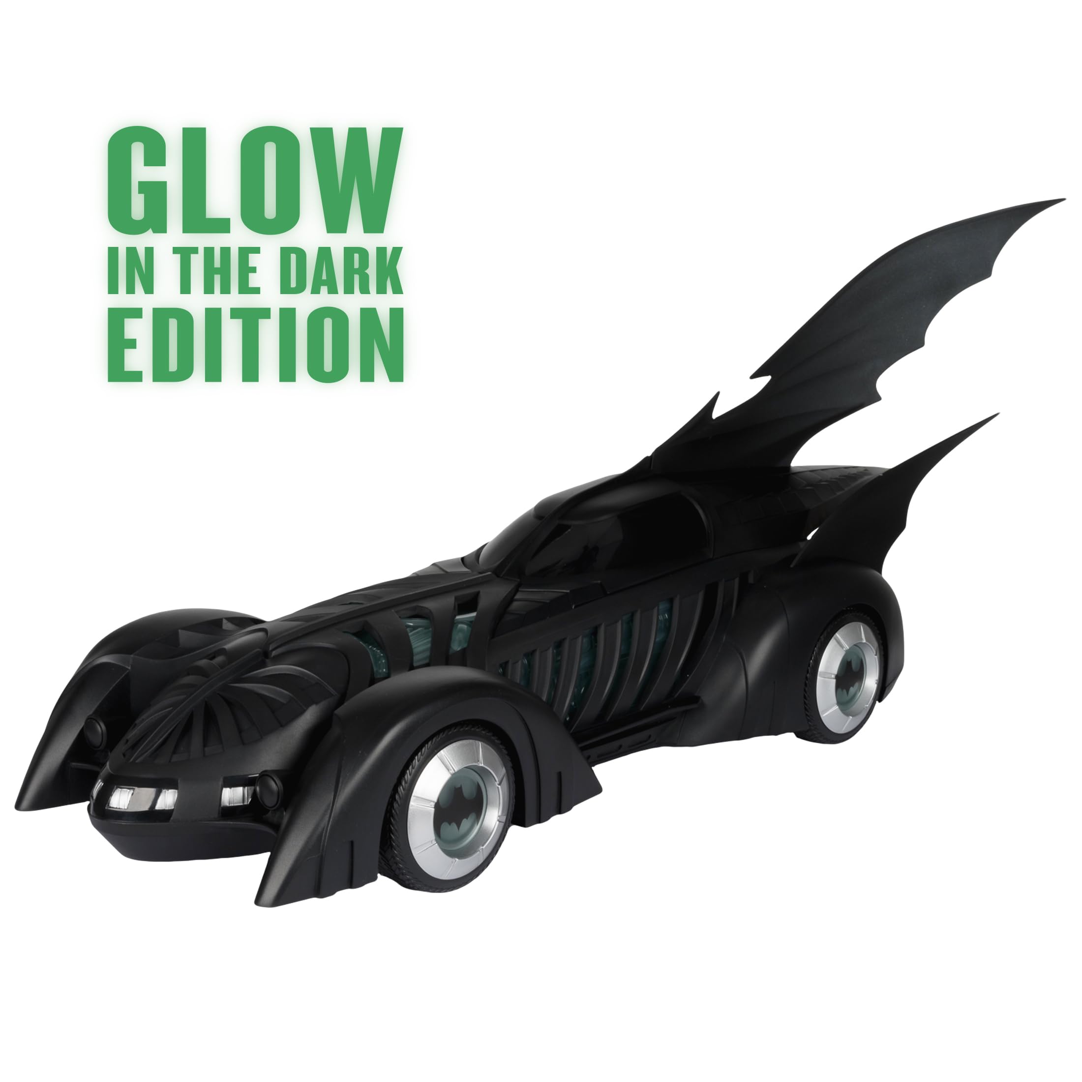 Blue glow highlights Batmobile engine panels and undercarriage in low light