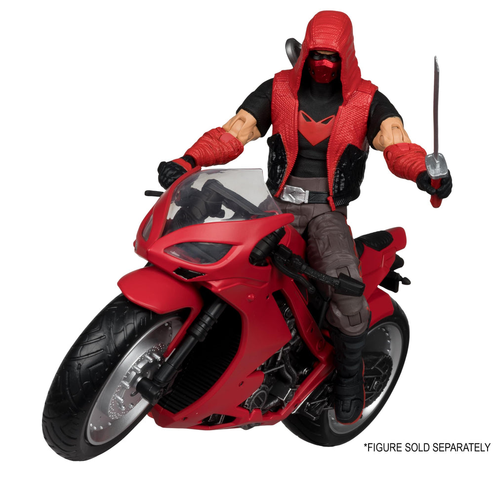 McFarlane Toys Red Hood's Sportsbike side profile with rolling wheels.