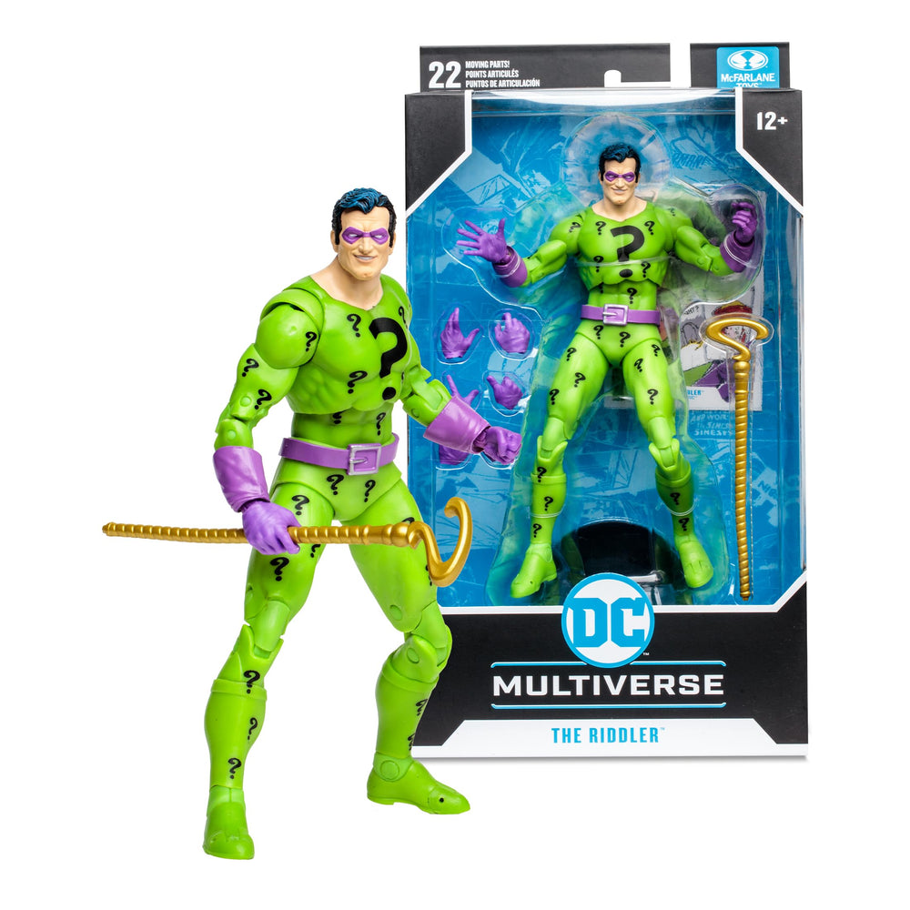 McFarlane Toys DC Multiverse The Riddler 7in includes an art card.