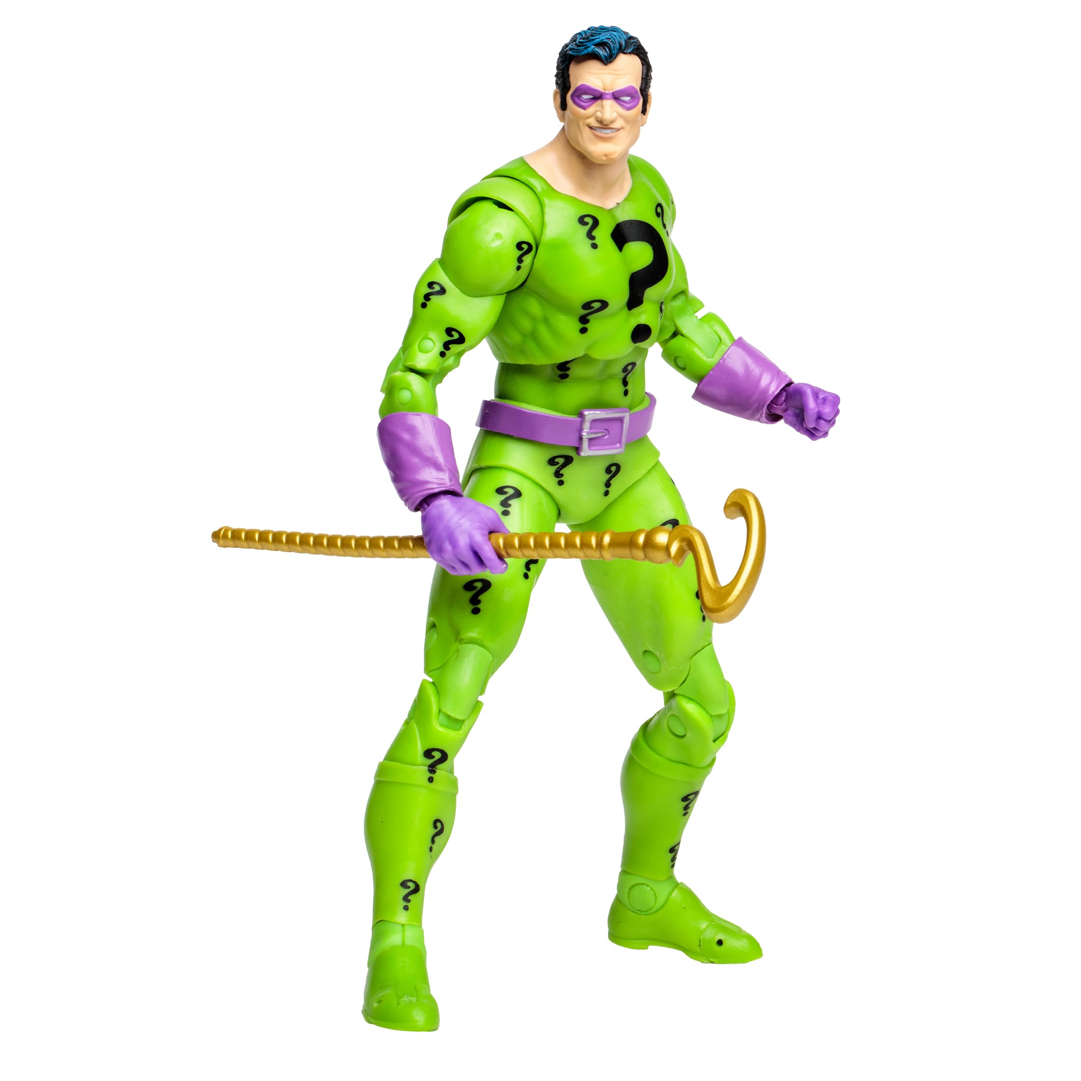 McFarlane Toys DC Multiverse The Riddler 7in figure reveals detailed sculpting and textures.