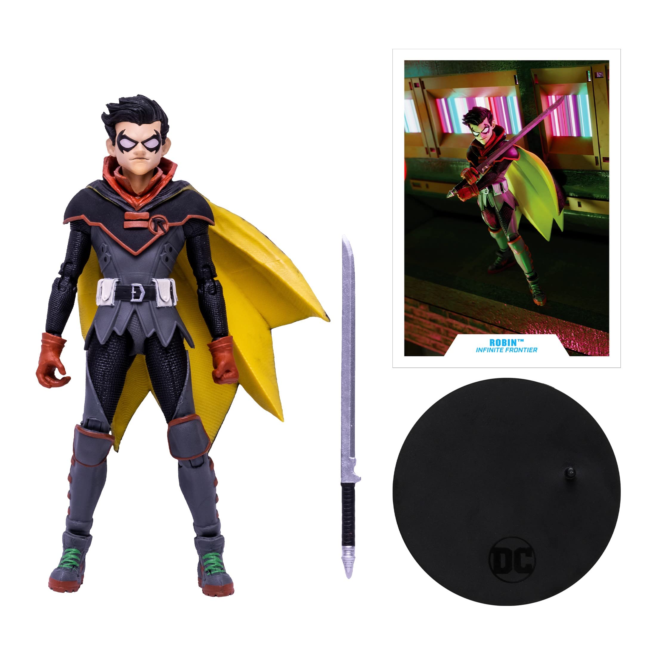 McFarlane Toys DC Multiverse Robin Infinite Frontier figure rear view highlighting cape detail.