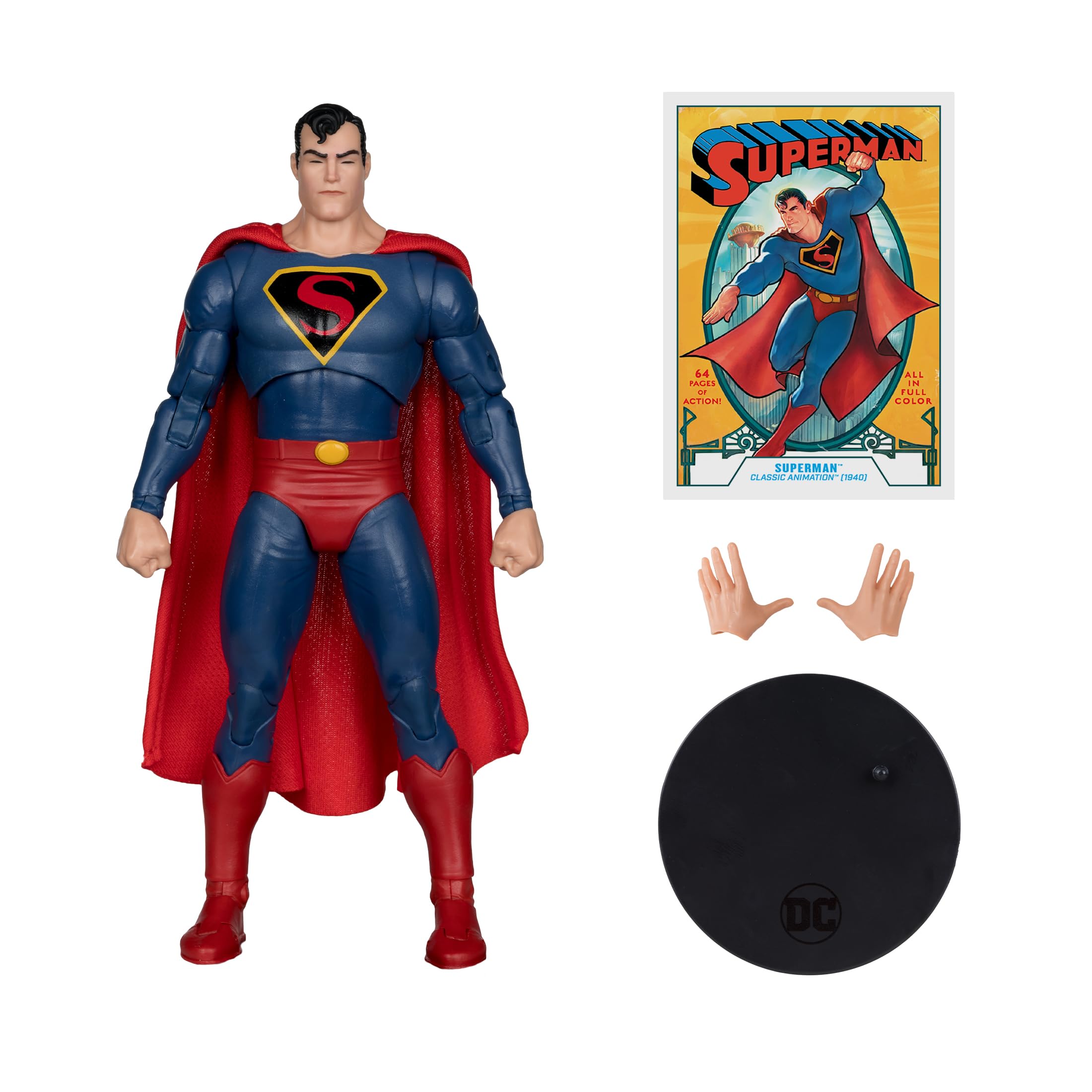 McFarlane Toys Superman 1940s base and art card for display setup.