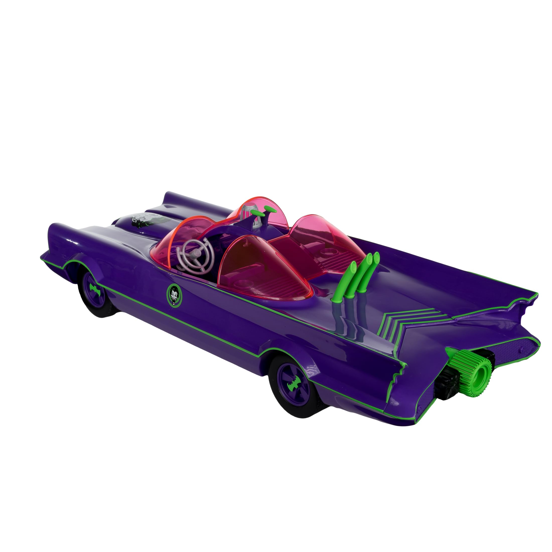 McFarlane Toys DC Retro Batmobile display stand helps arranging figures.