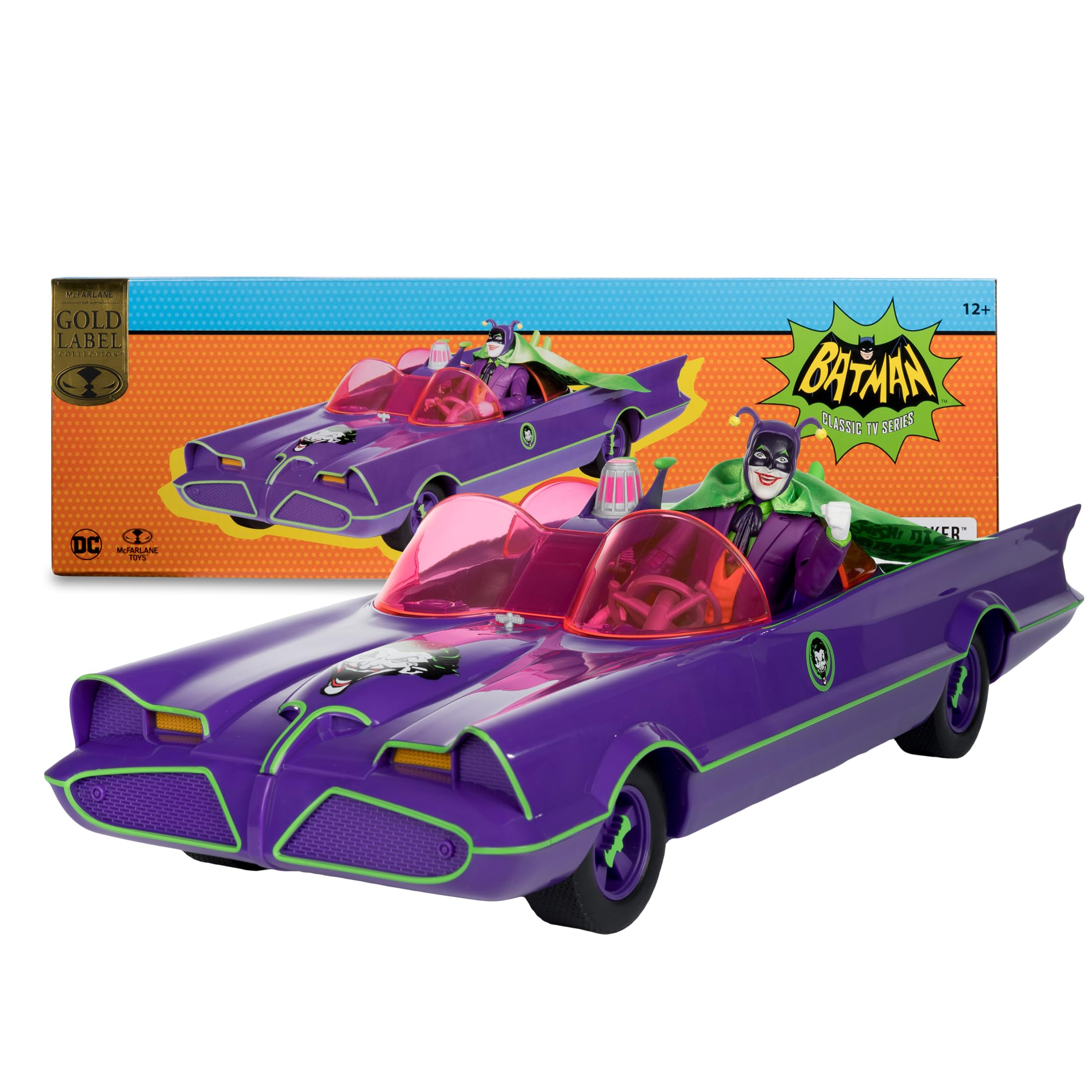 McFarlane Toys DC Retro Batmobile gadgets detail showcases futuristic features.