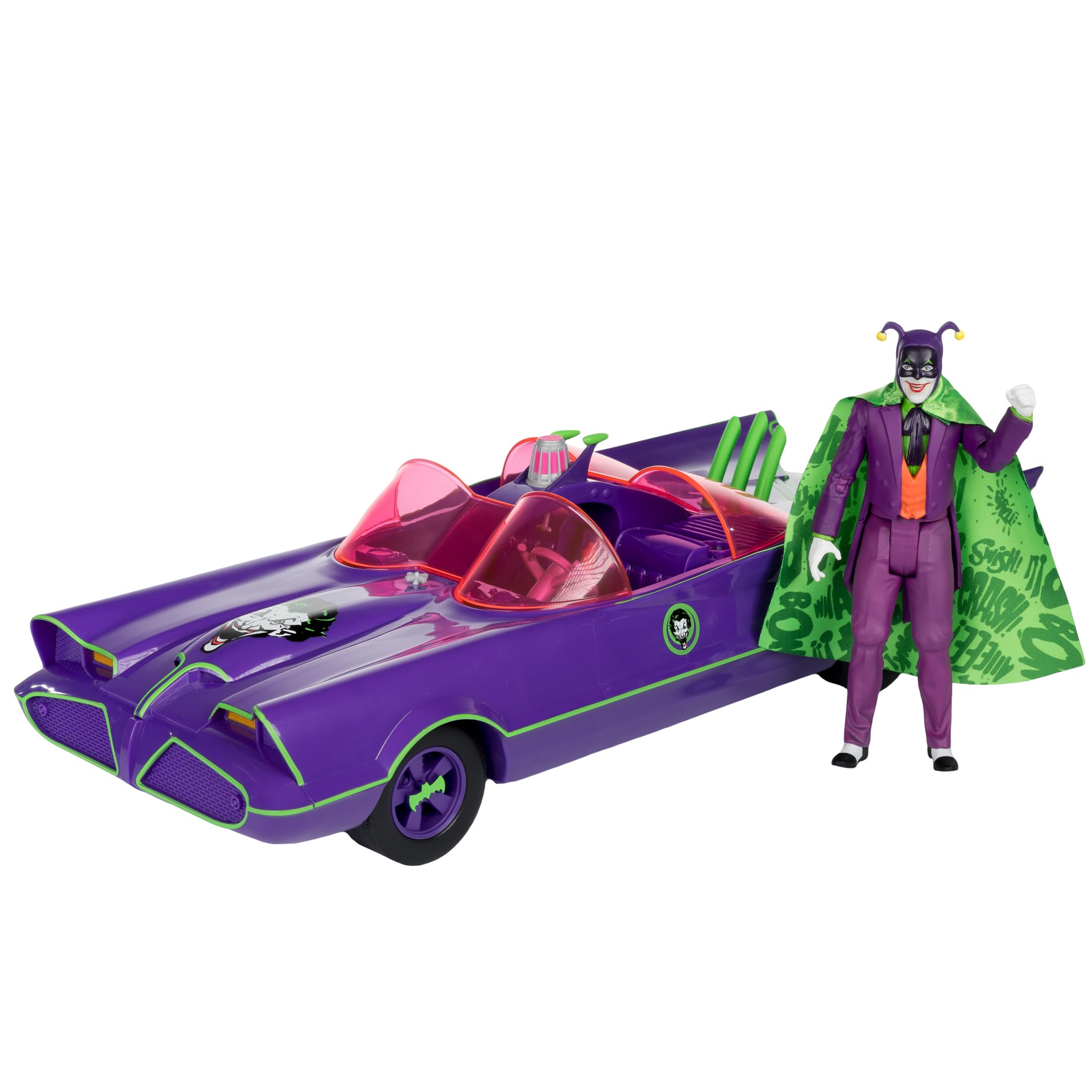 McFarlane Toys DC Retro Batmobile and Joker 2-pack on box front, ideal for display.