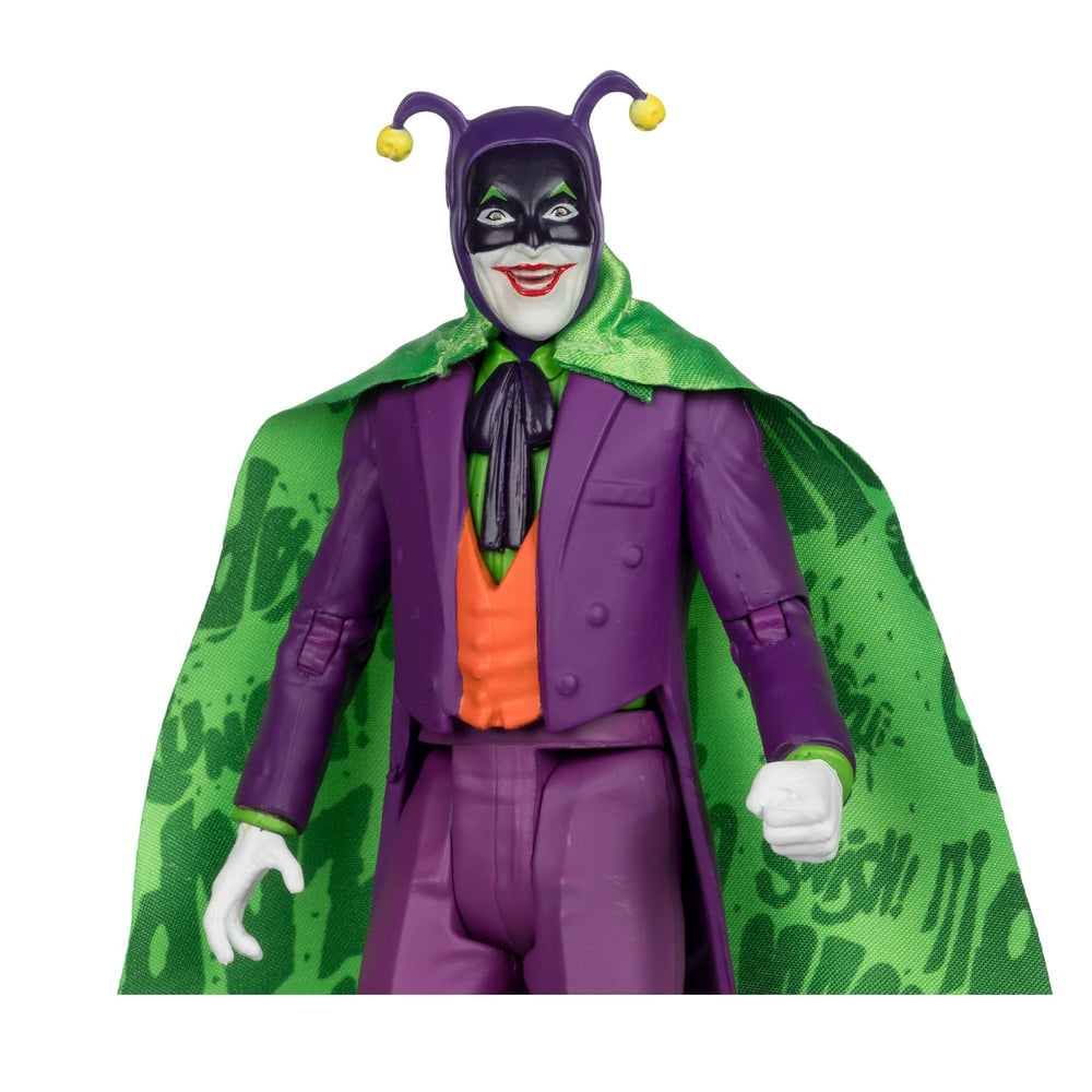 McFarlane Toys Joker figure front profile emphasizes jokerized cape for dramatic posing.