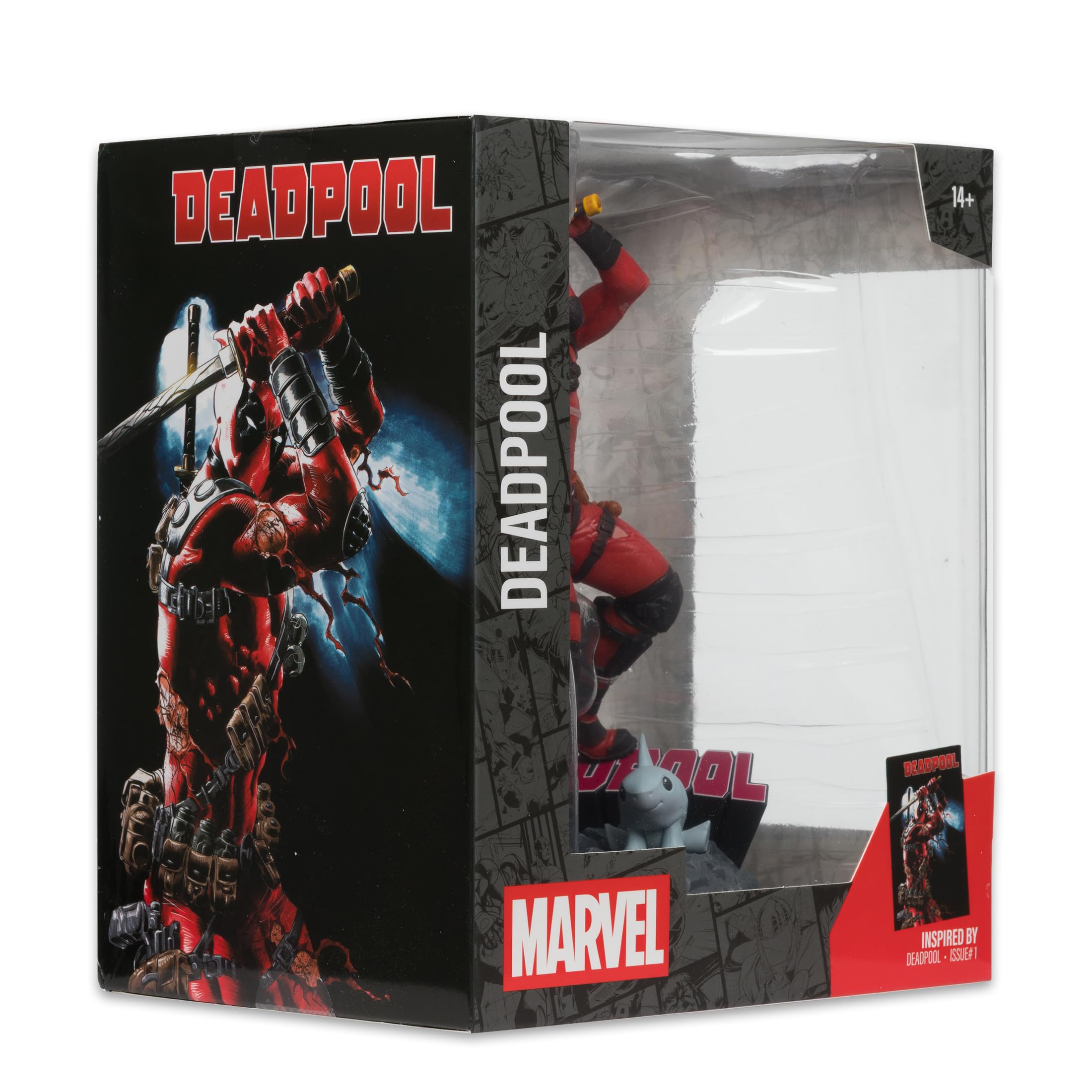 McFarlane Toys Deadpool 1:10 display stand provides stable posing.