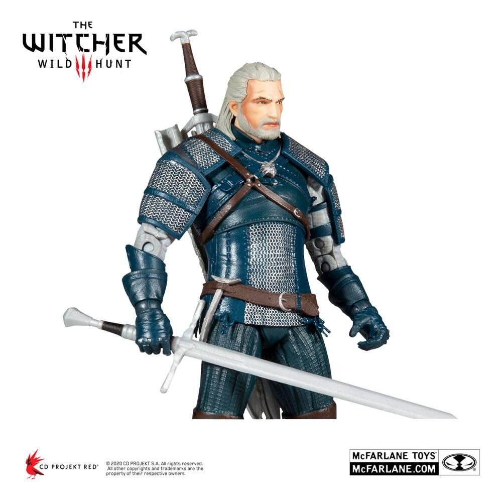 McFarlane Toys Geralt with teal Viper armor and swords, ideal for shelf display and imaginative play.