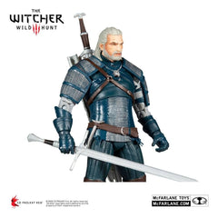 McFarlane Toys Geralt with teal Viper armor and swords, ideal for shelf display and imaginative play.