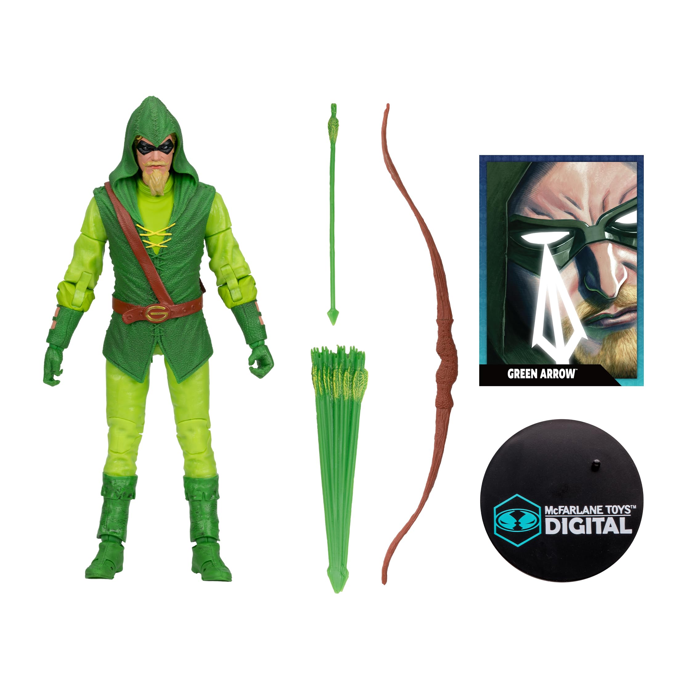 McFarlane Toys Green Arrow longbow and arrow cluster for display.