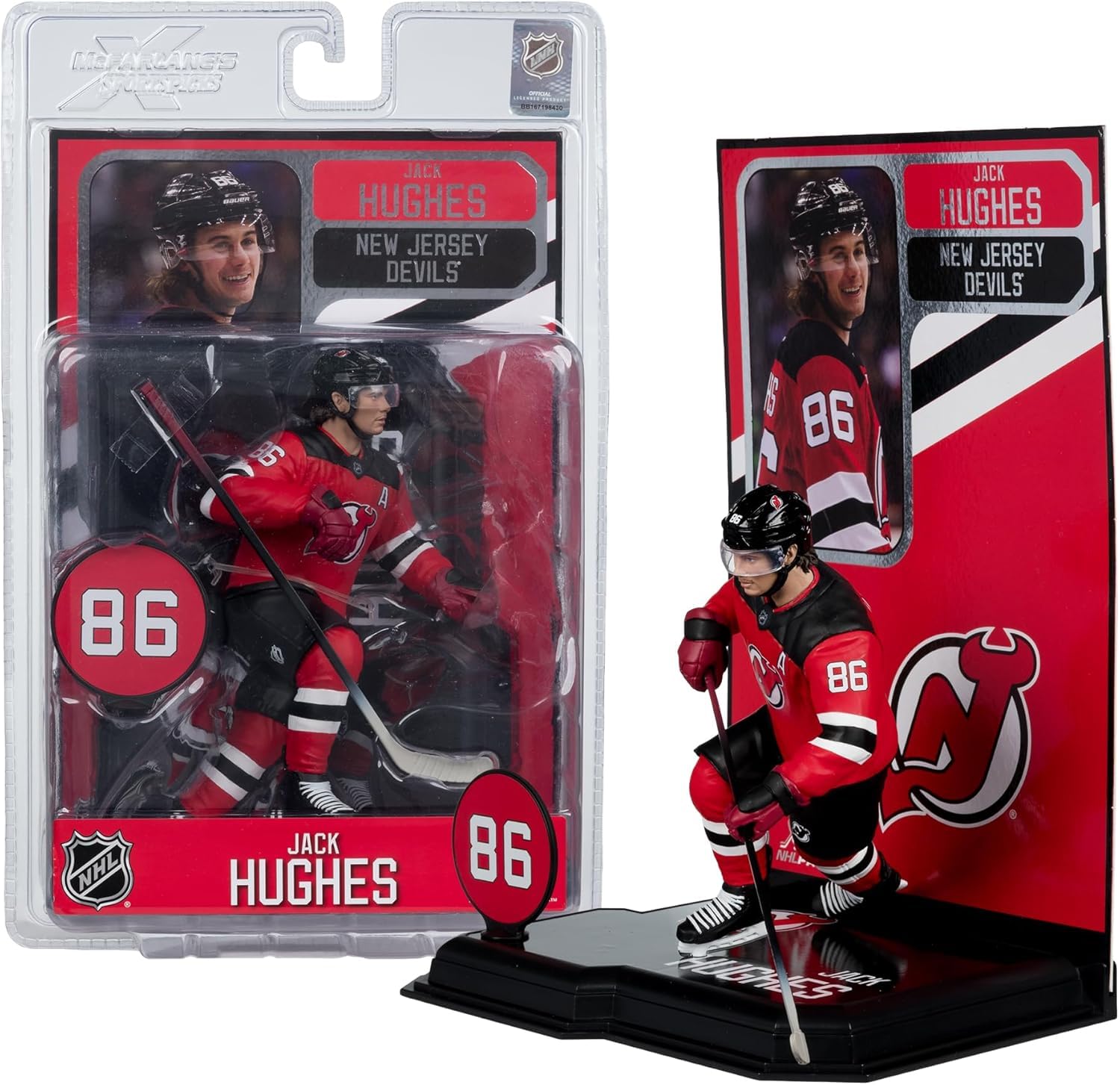 McFarlane Toys Jack Hughes figure posed for display, ideal for shelf decor
