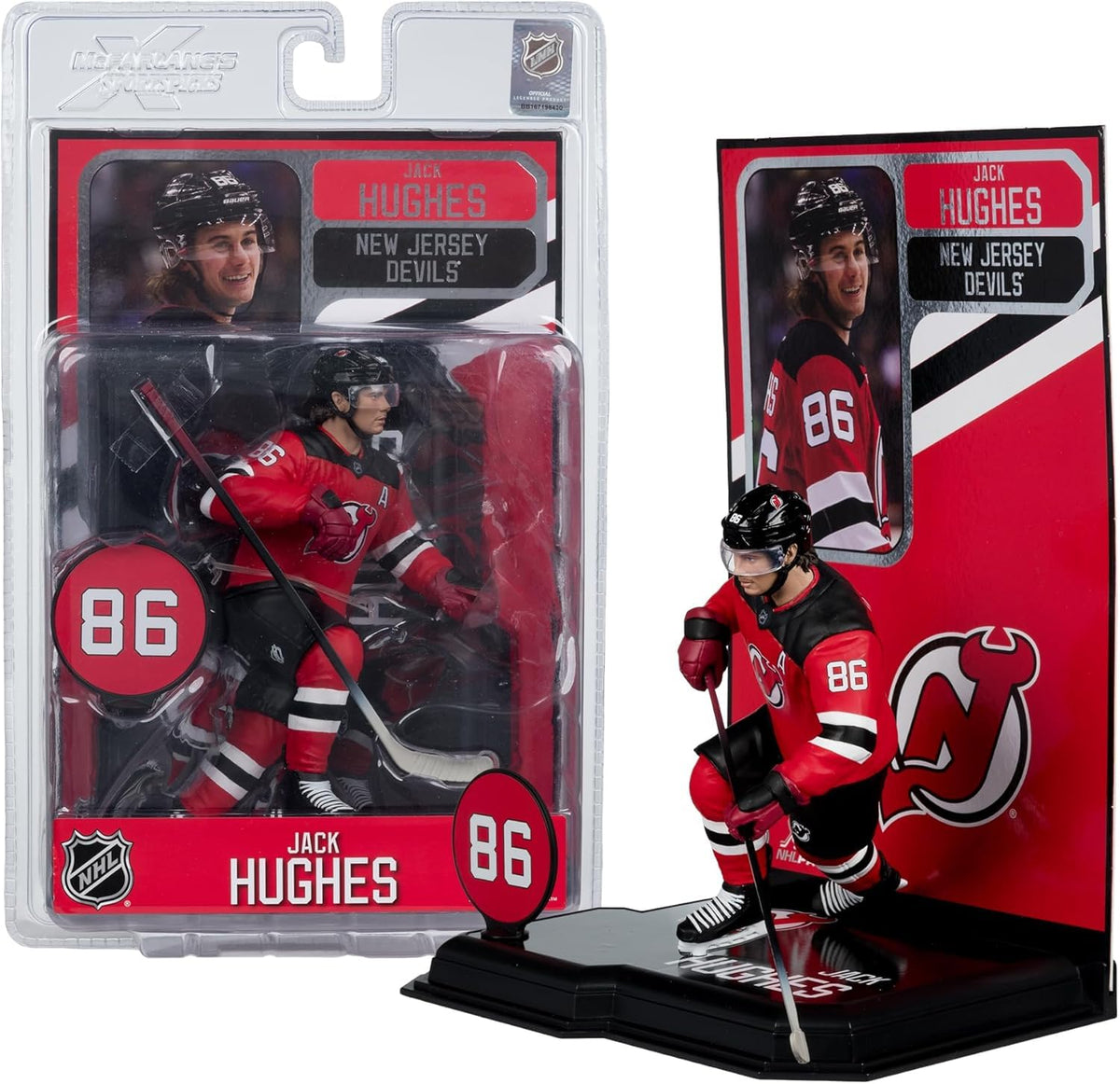 McFarlane Toys Jack Hughes figure posed for display, ideal for shelf decor
