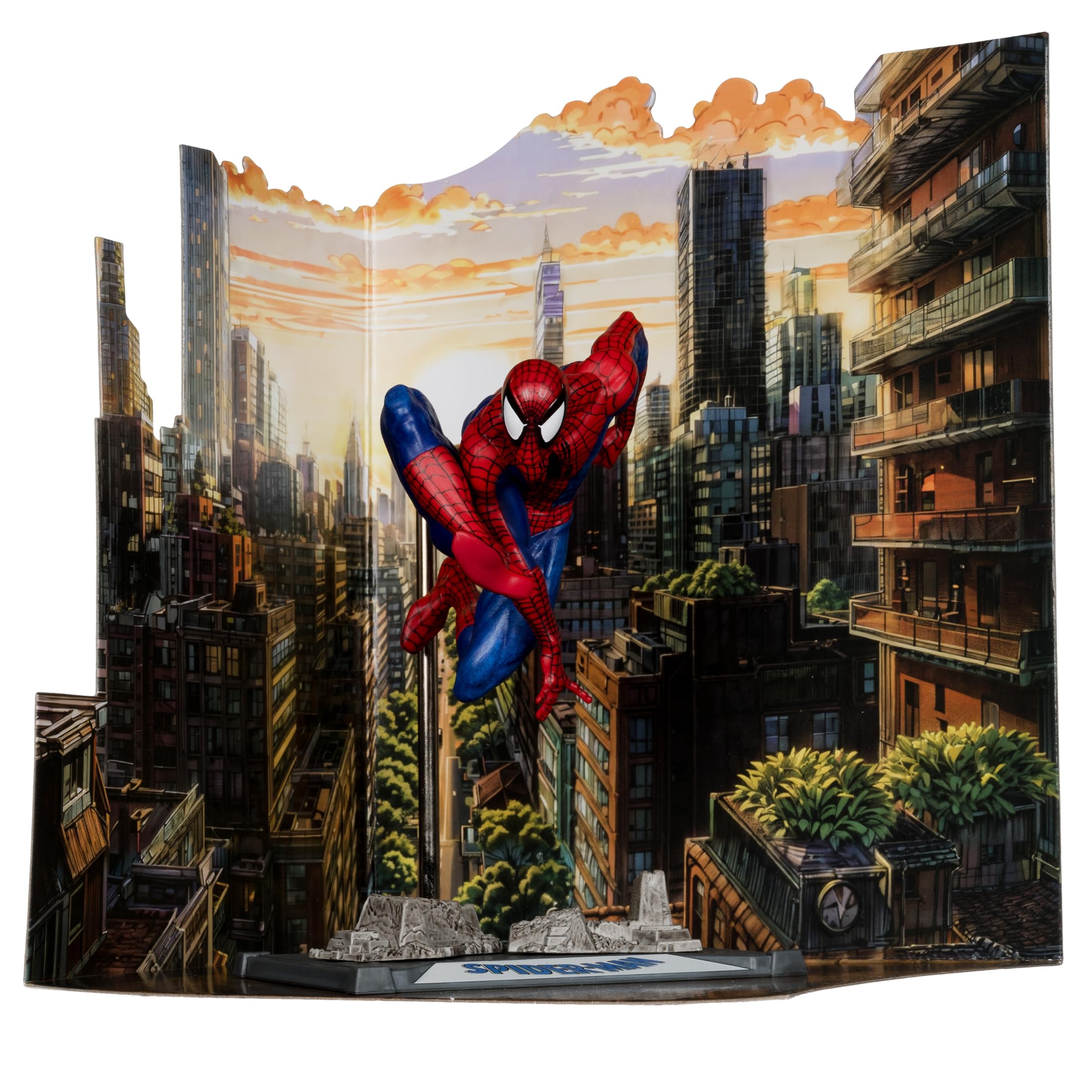 McFarlane Toys Spider-Man 1:10 scale figure with dramatic scene backdrop enhances display.