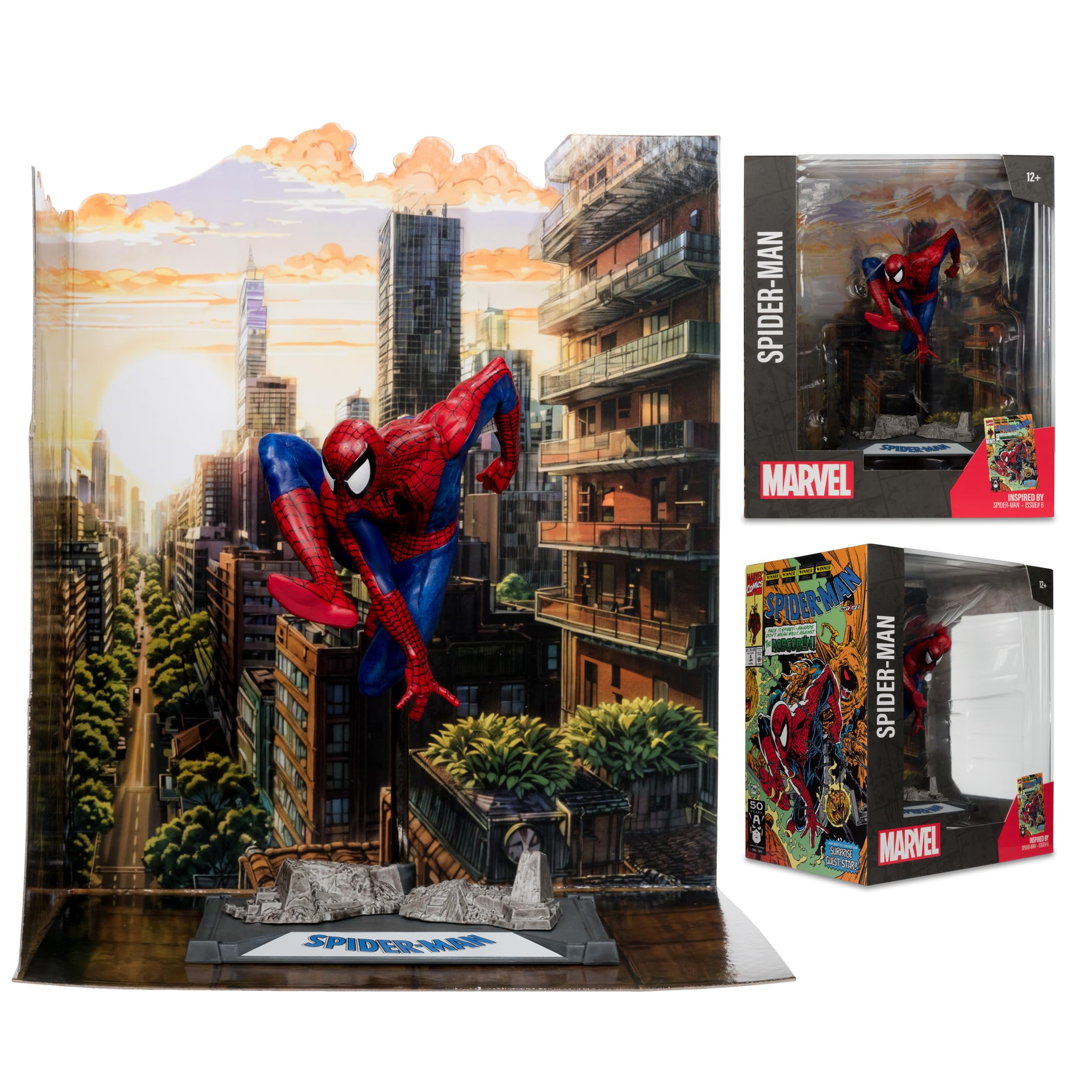 McFarlane Toys Spider-Man backdrop scene provides immersive storytelling.