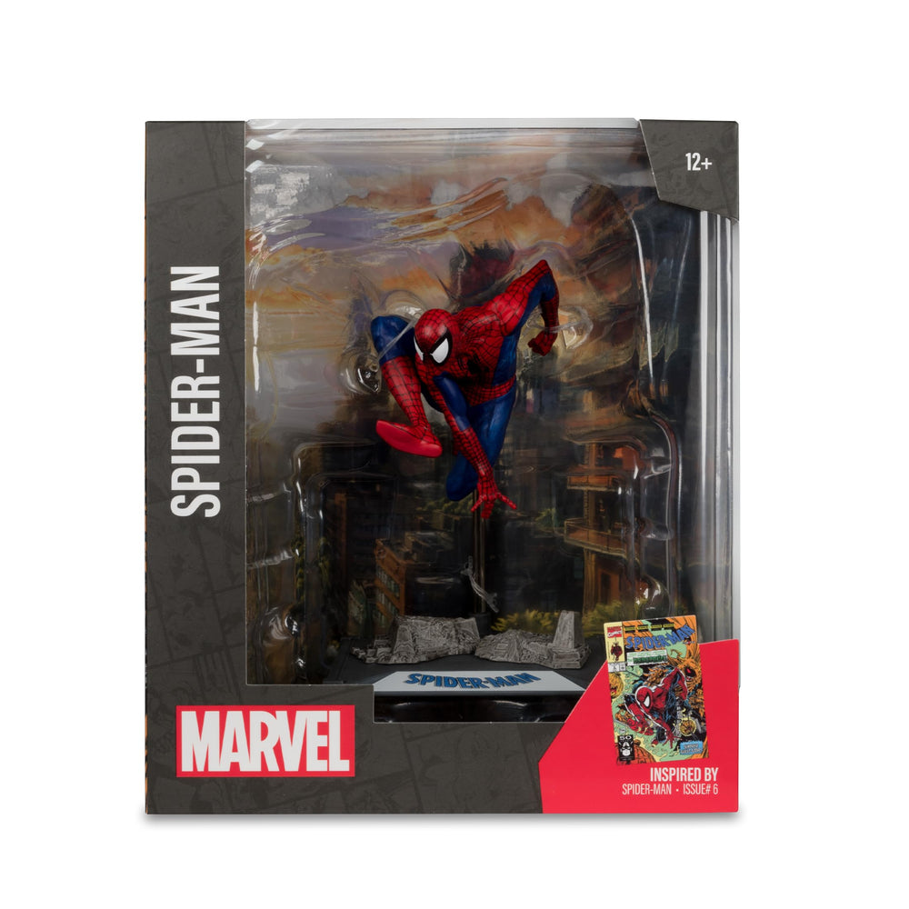 McFarlane Toys Spider-Man collectible card back includes comic synopsis for fans.