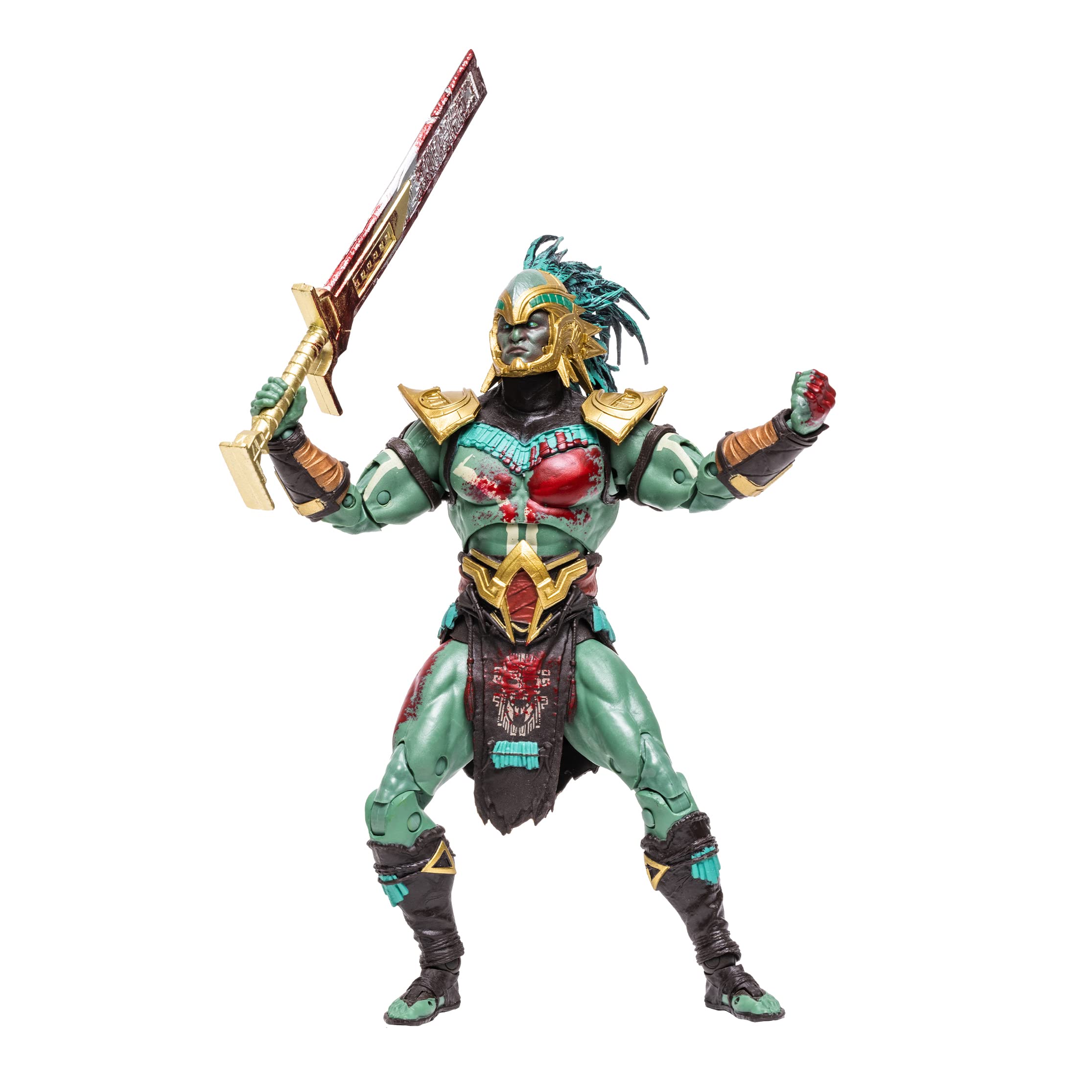 McFarlane Toys Mortal Kombat Kotal Kahn bloody skin detail highlights collector realism for fan displays.