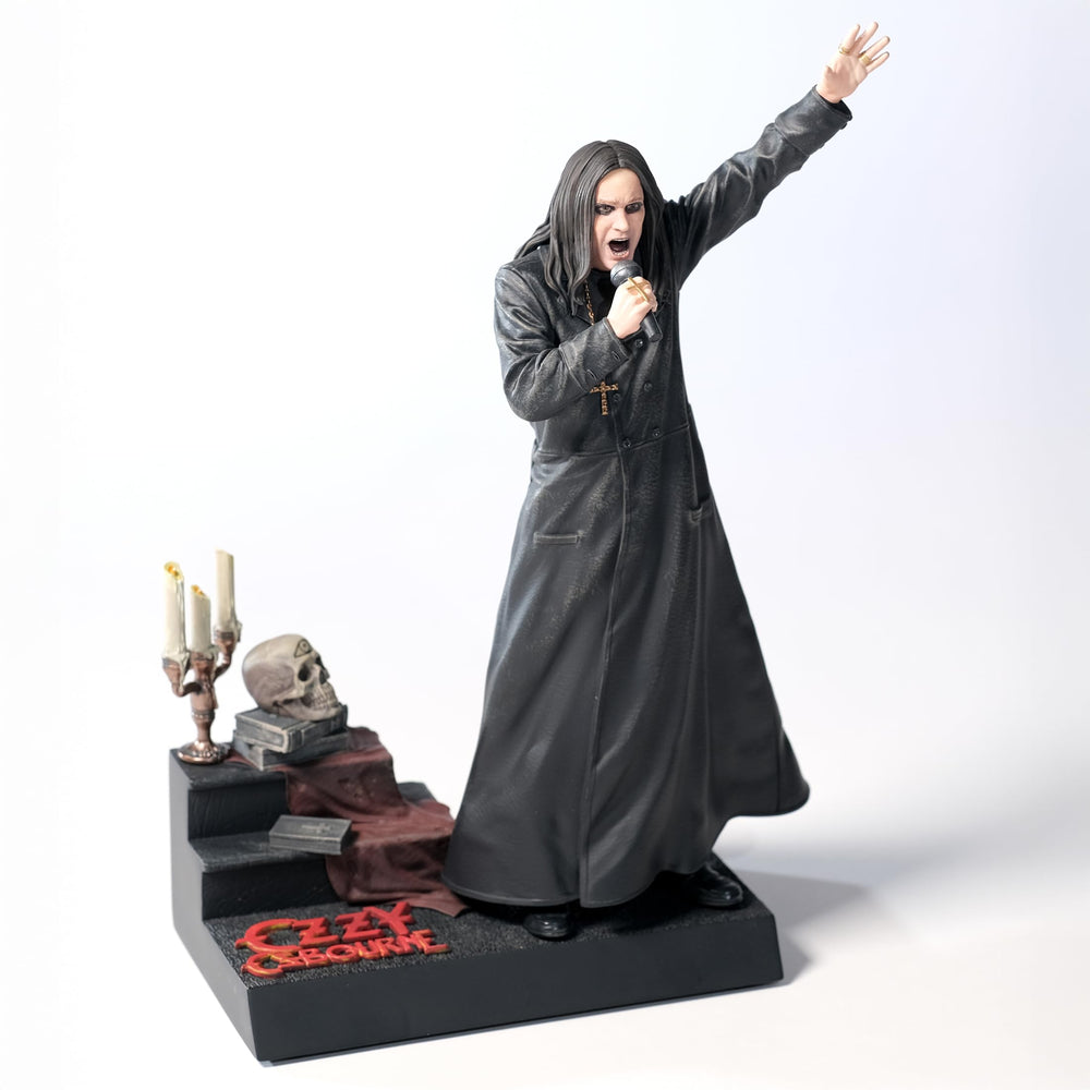 McFarlane Toys Ozzy Osbourne statue with trench coat detail for display.