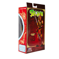 McFarlane Toys Mandarin Spawn costume texture and red color pop on shelf.