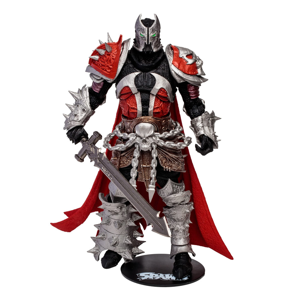 McFarlane Toys Medieval Spawn front view highlights detailed armor and dynamic pose potential.