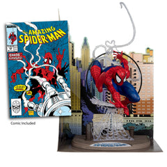 Dramatic backdrop scene adds cinematic depth to the Spider-Man display collection.