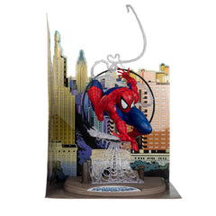 Closeup on Spider-Man detailing and sculpted features by McFarlane Toys.