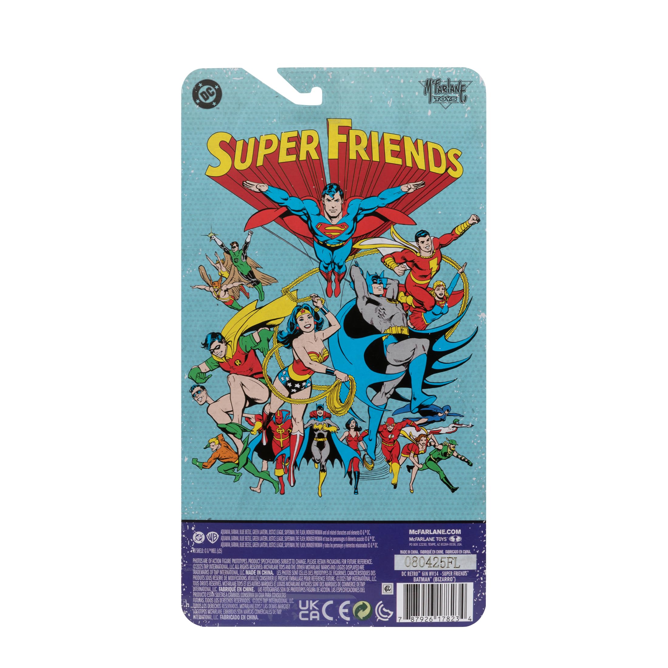 McFarlane Toys Super Friends group shot featuring Bizarro Batman in classic lineup.
