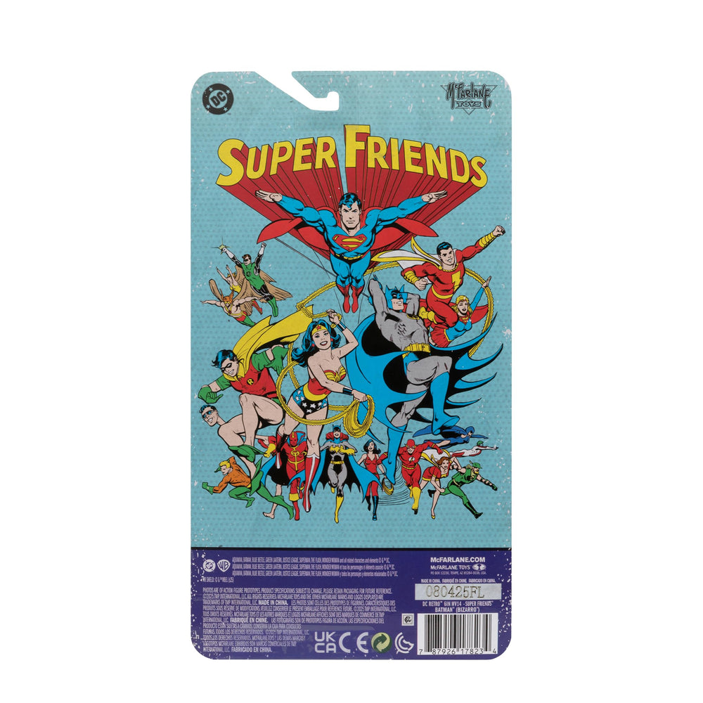 McFarlane Toys Super Friends group shot featuring Bizarro Batman in classic lineup.