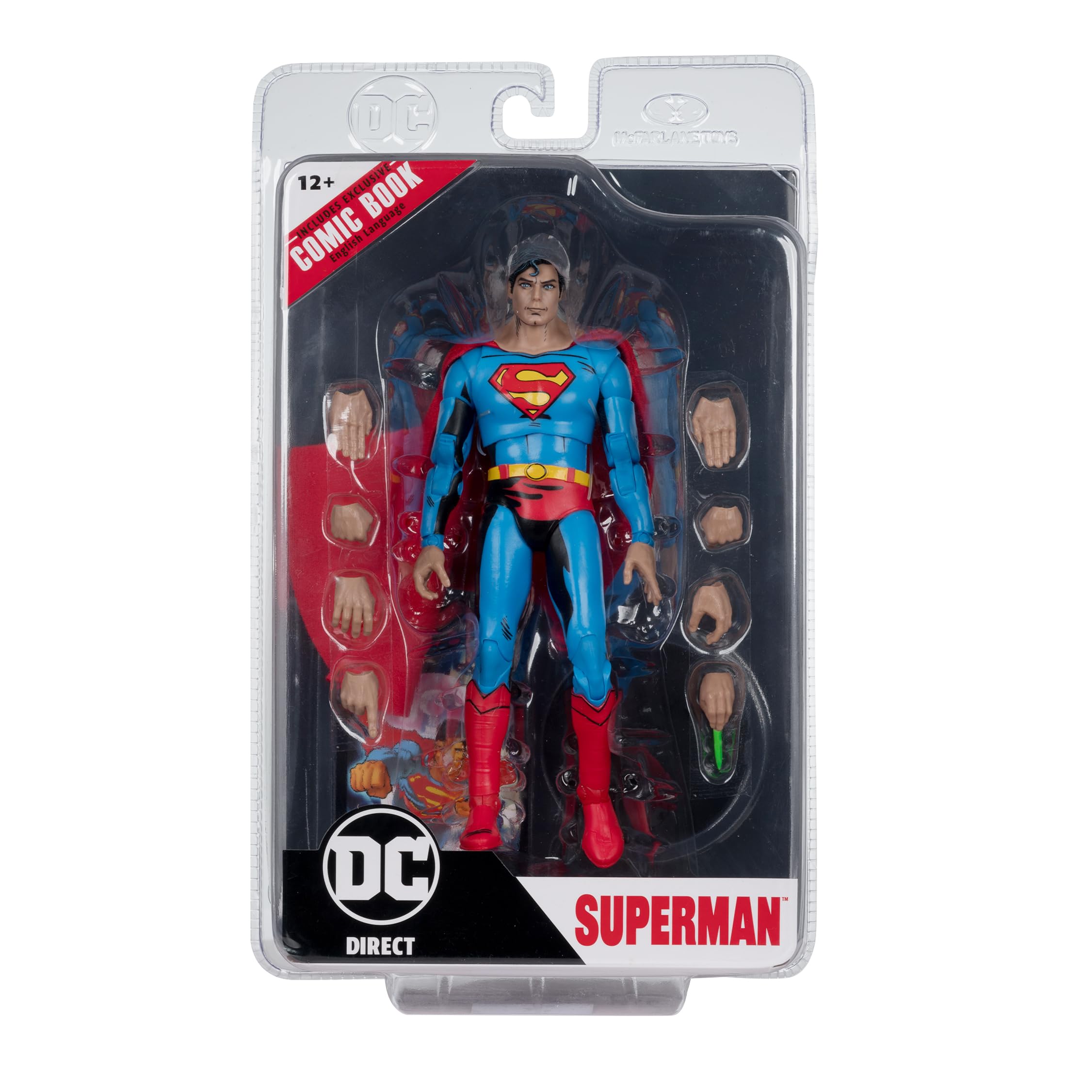 McFarlane Toys Superman ’78 costume details highlight iconic look.