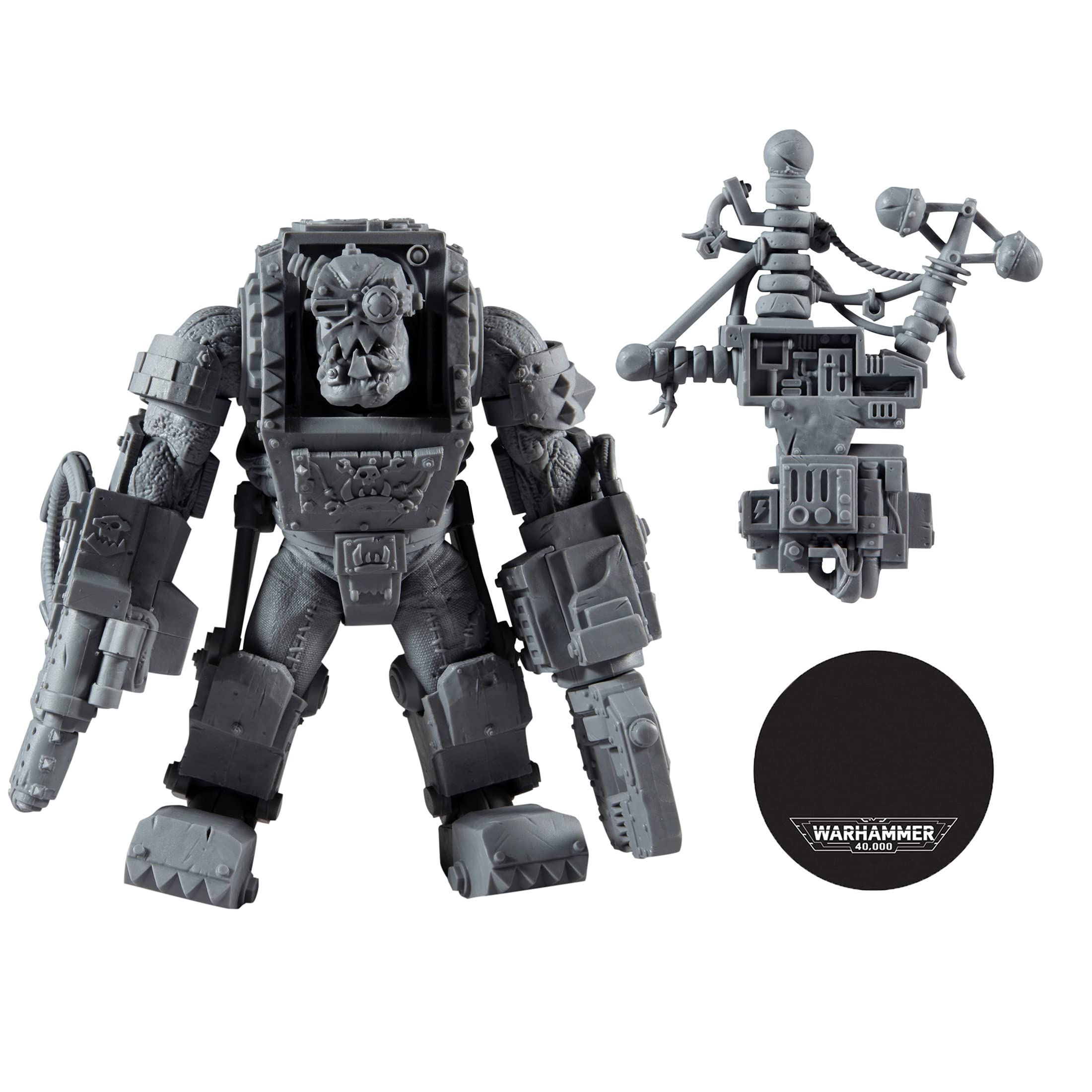 McFarlane Toys Warhammer 40K Ork Big Mek accessory set enhances display.