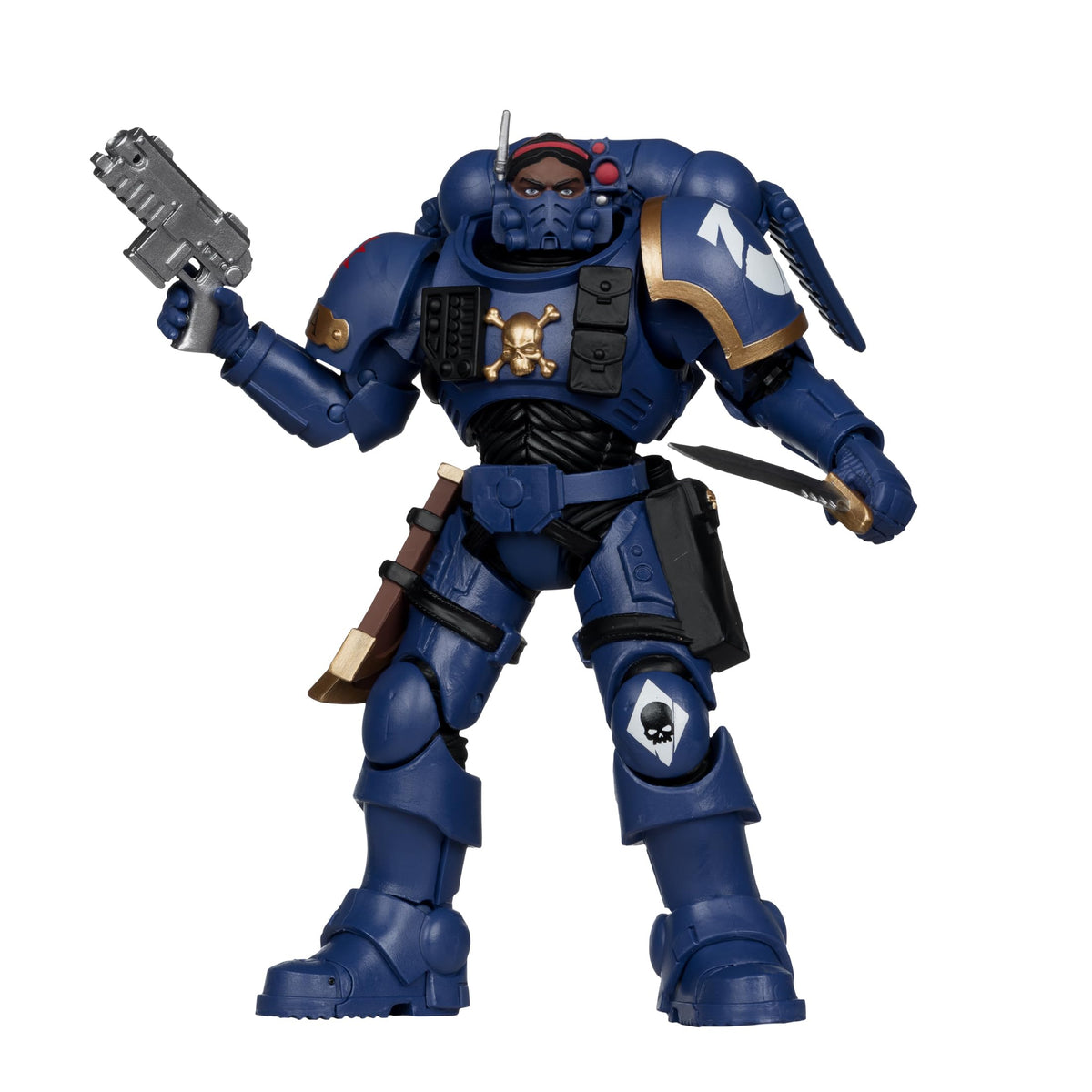 McFarlane Toys Warhammer 40K lieutenant in Phobos armour front view for dynamic display.