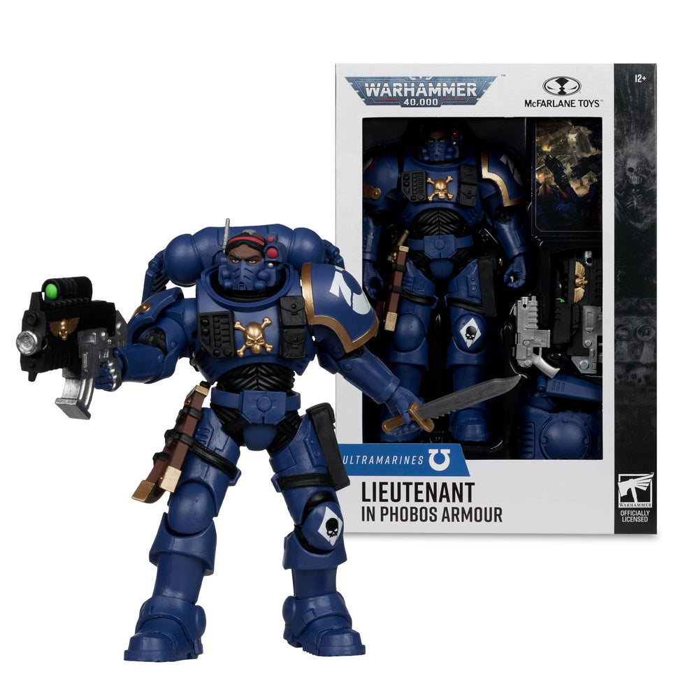 McFarlane Toys Warhammer 40K lieutenant power pack close-up showing tech details.