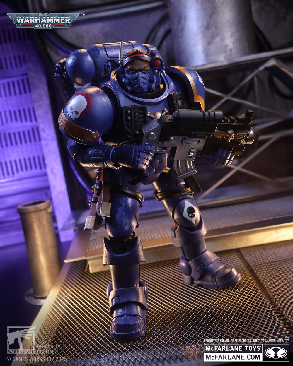 McFarlane Toys Ultramarines insignia close-up on armour texture.