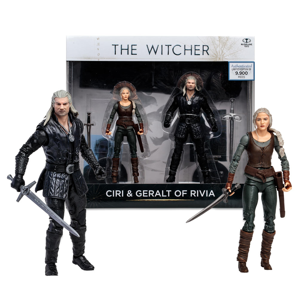 McFarlane Toys Witcher Ciri and Geralt 2-pack front view for display.