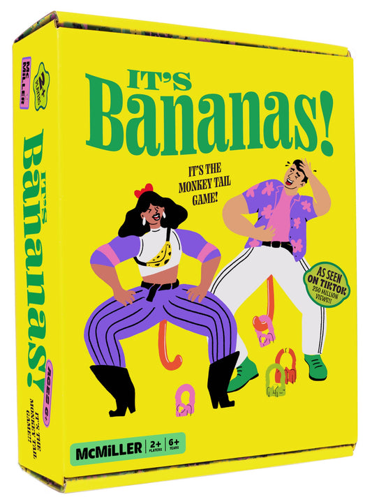 It’s Bananas game box open with monkey tails for family game night.