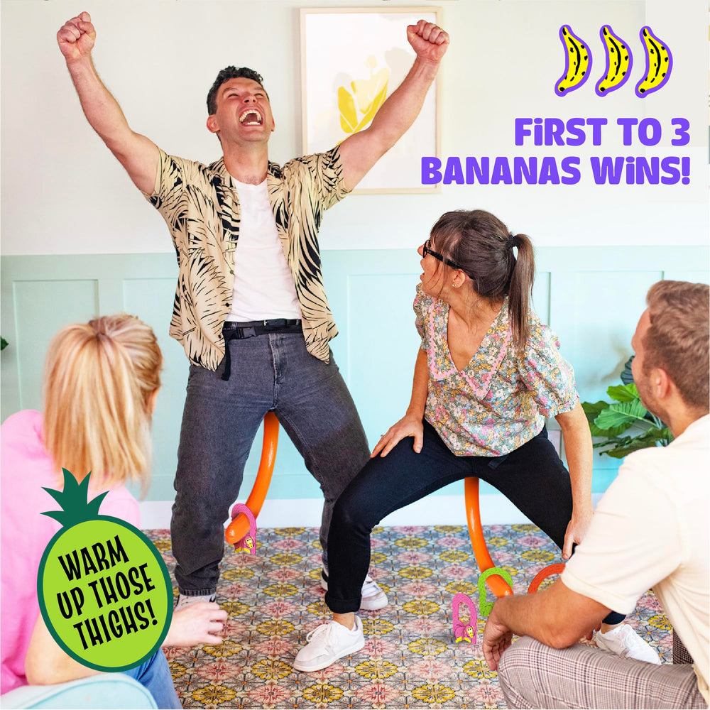 Family members laugh together during It’s Bananas gameplay at home.