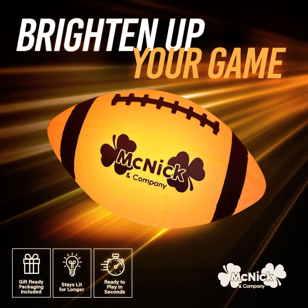 MCNICK & COMPANY Glow Football badge indicates long battery life and glow