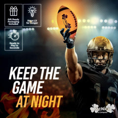 MCNICK & COMPANY Glow Football in hand highlights portable glow for outdoor play