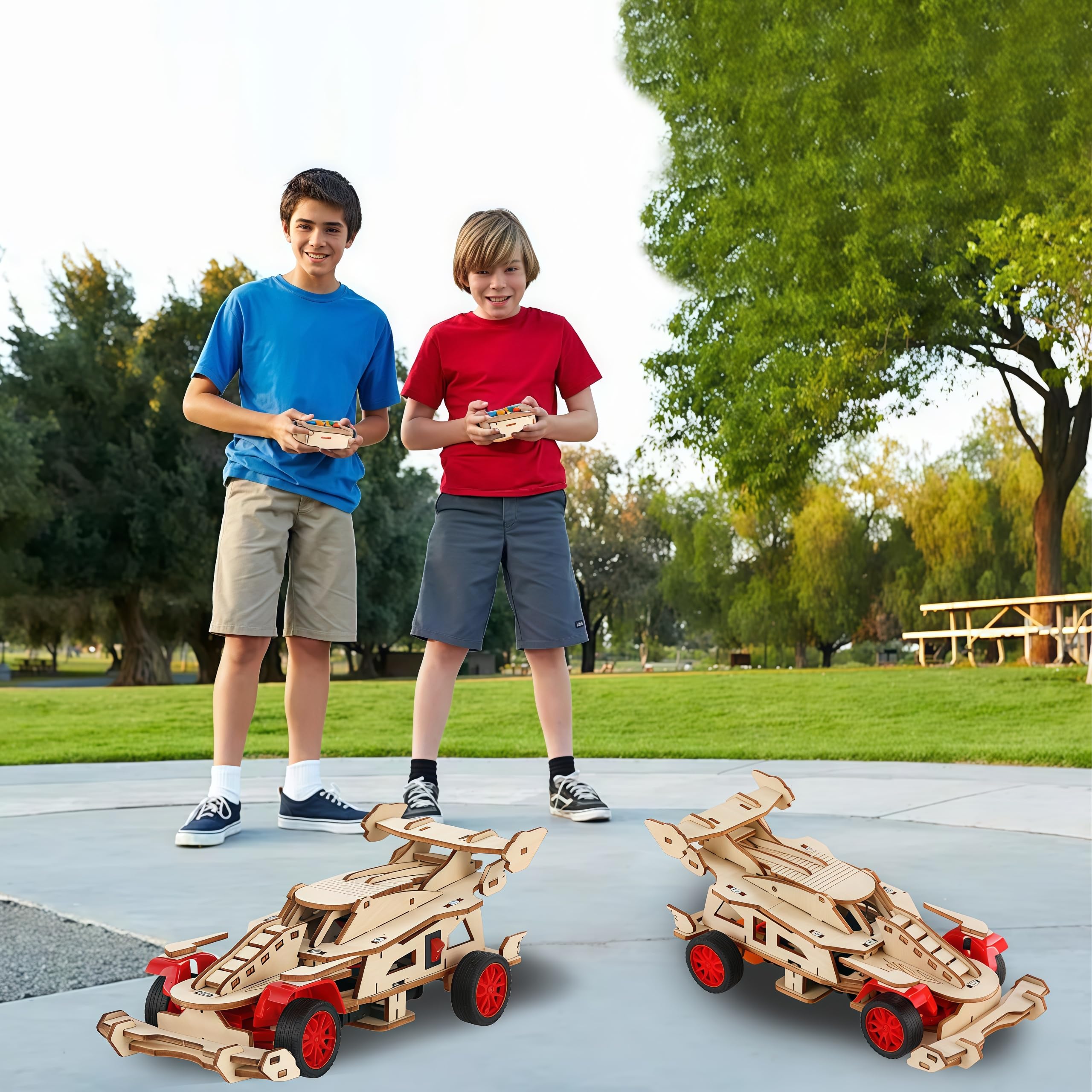 MCRADY STEM RC Car Kit laser-cut plywood pieces ready for precise assembly.
