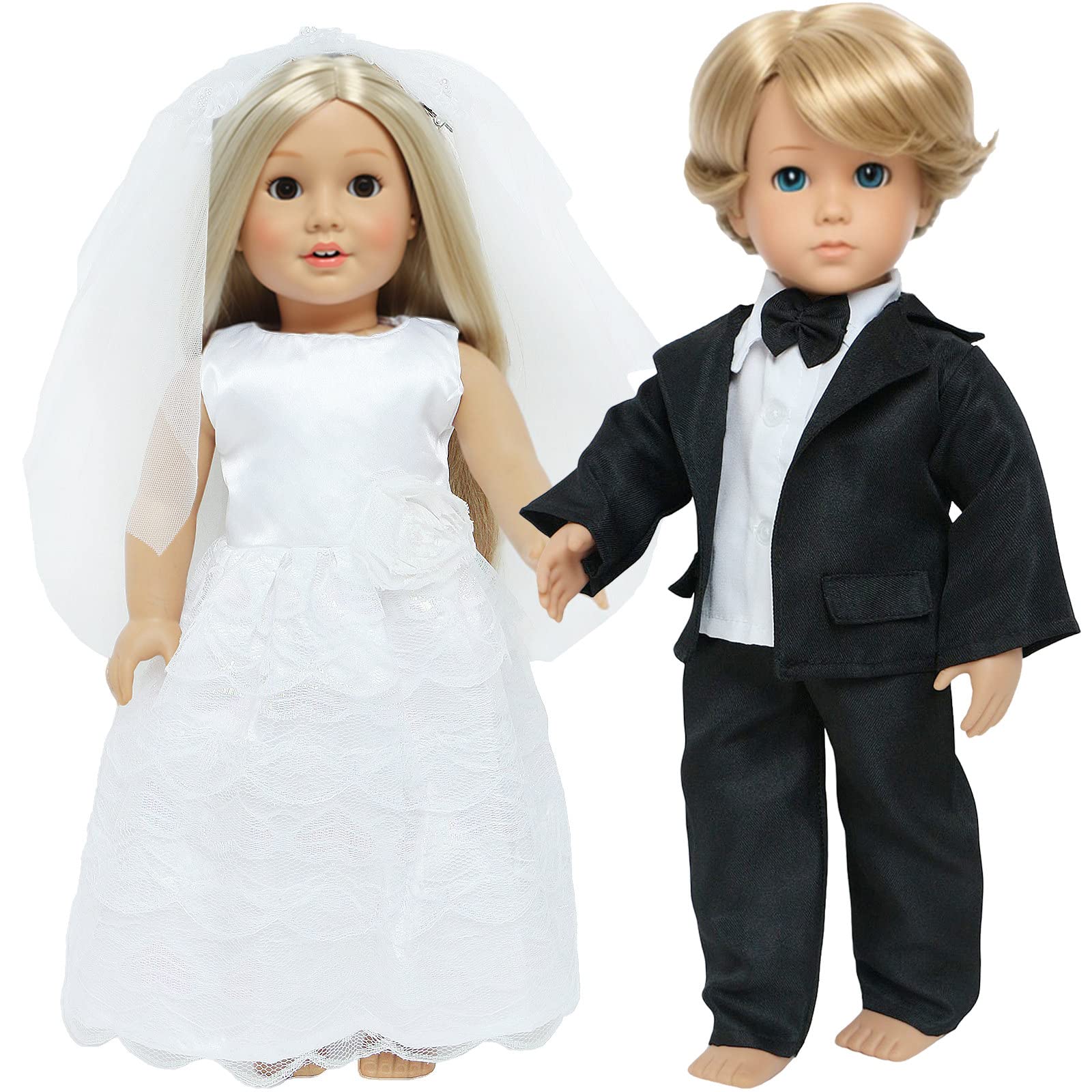 MCZQXW 18-inch doll wedding dress with satin and lace for imaginative play.