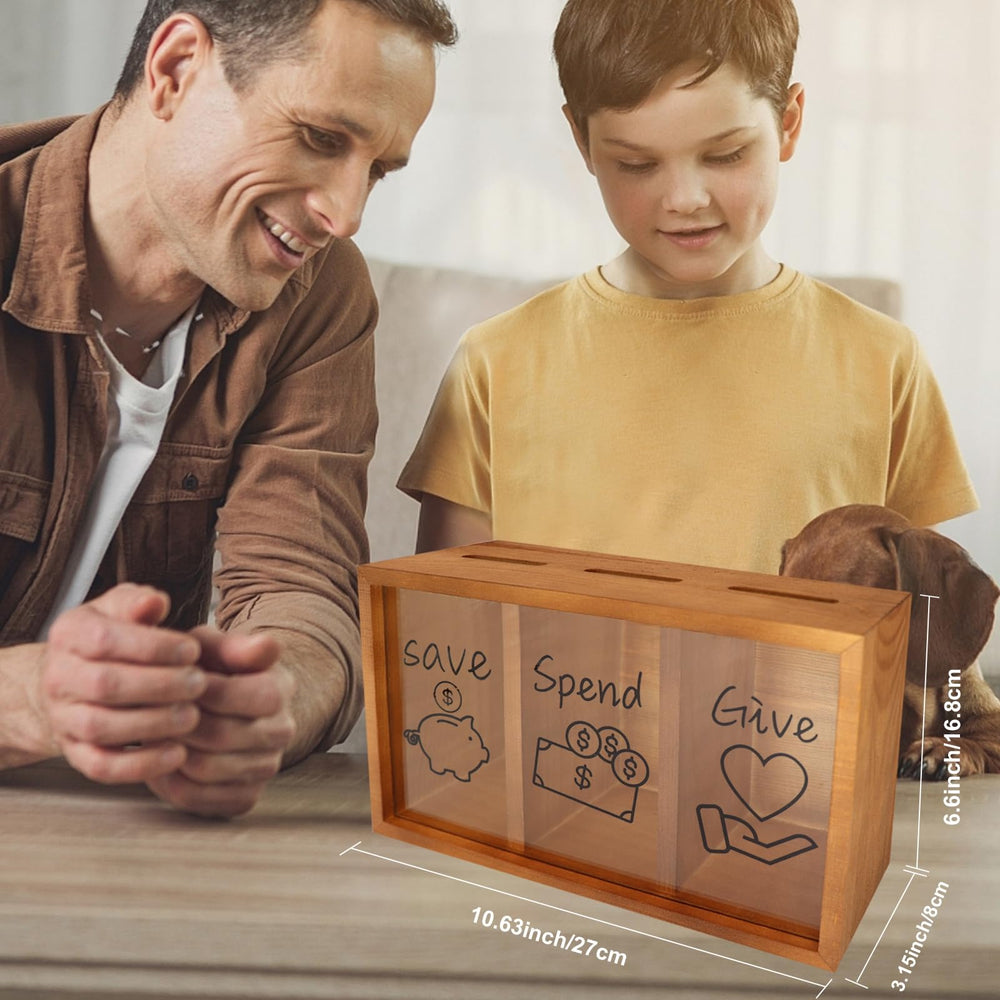 Mczxon clear acrylic wood piggy bank jar demonstrates savings progress for kids.